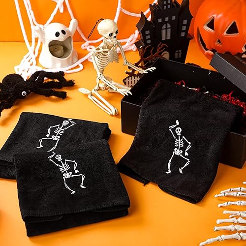 Miniatura 2 de Newwiee 3 toallas de mano de esqueleto de Halloween de 14 x 30 pulgadas, toalla de baño de algodón bordado gótico negro para Halloween, cocina,