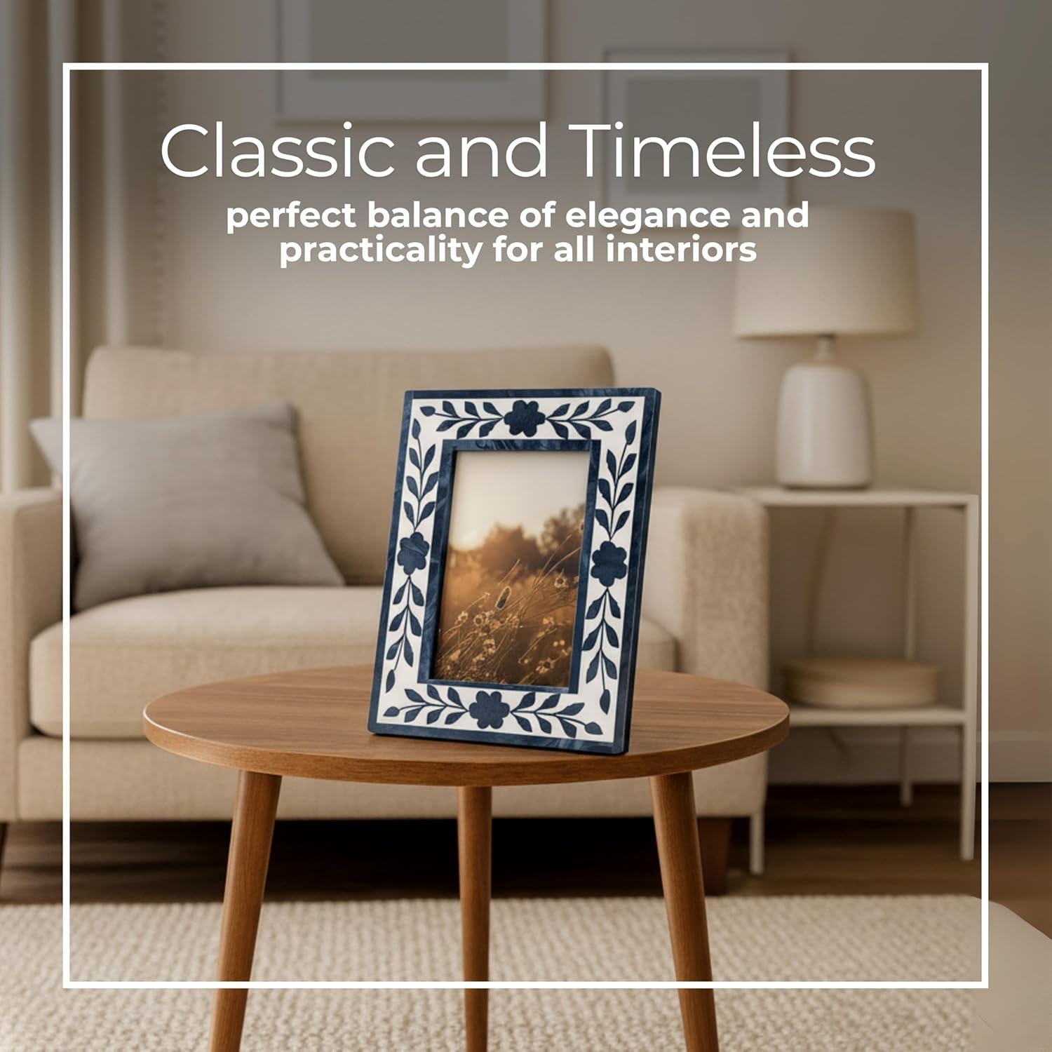 Floral Inlay Picture Frame with 4x6 Photo Display – Unique Picture Frames for Tabletop or Wall Mounting – Elegant Resin & Wood Office & Home Decor – 7"x9", Blue & White