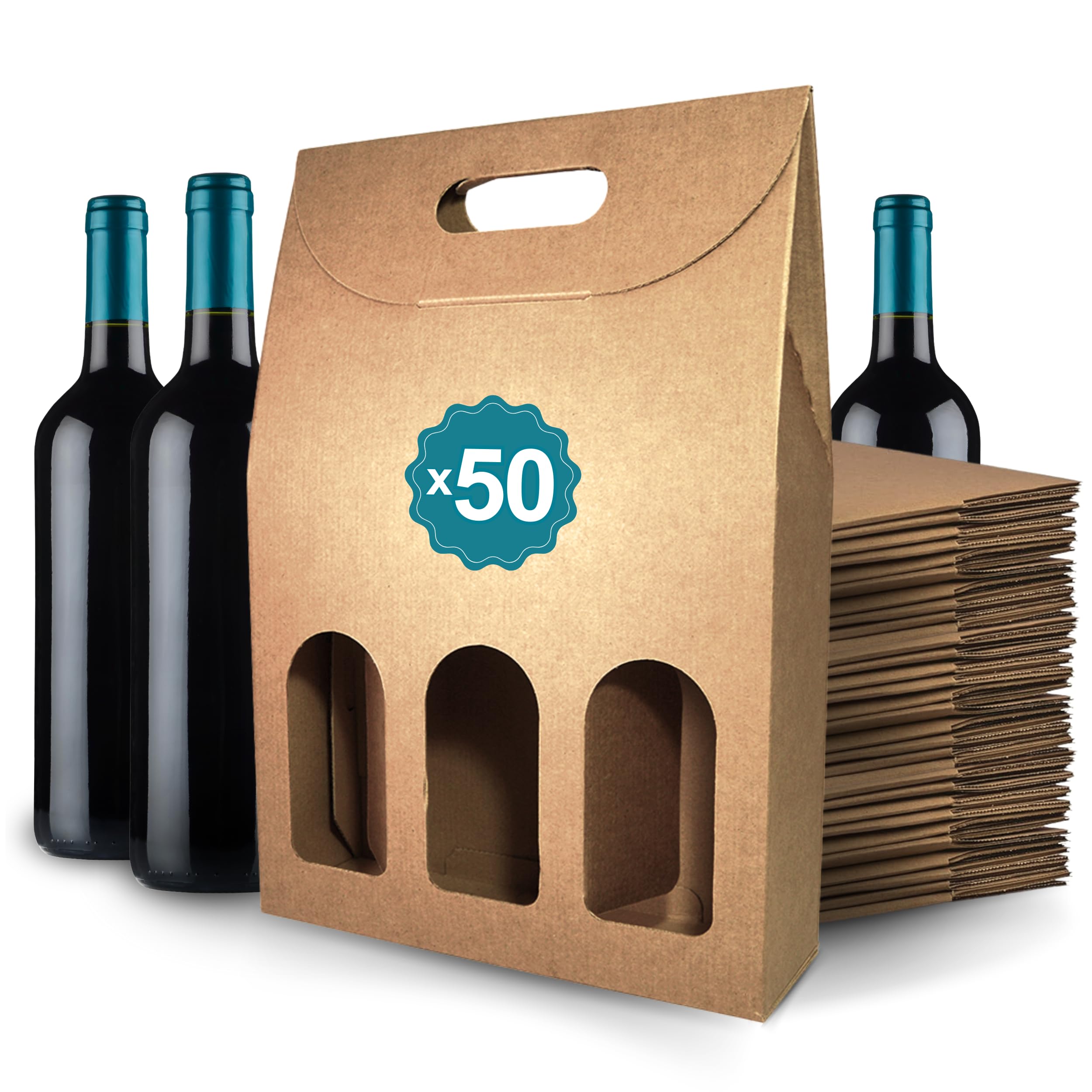 50 cajas de cartón Kraft vacías para 3 botellas de vino 27x9x40 cm | Embalaje para botellas de vino para regalos: Navidad, Pascua, cumpleaños, boda | Bodegas de vino