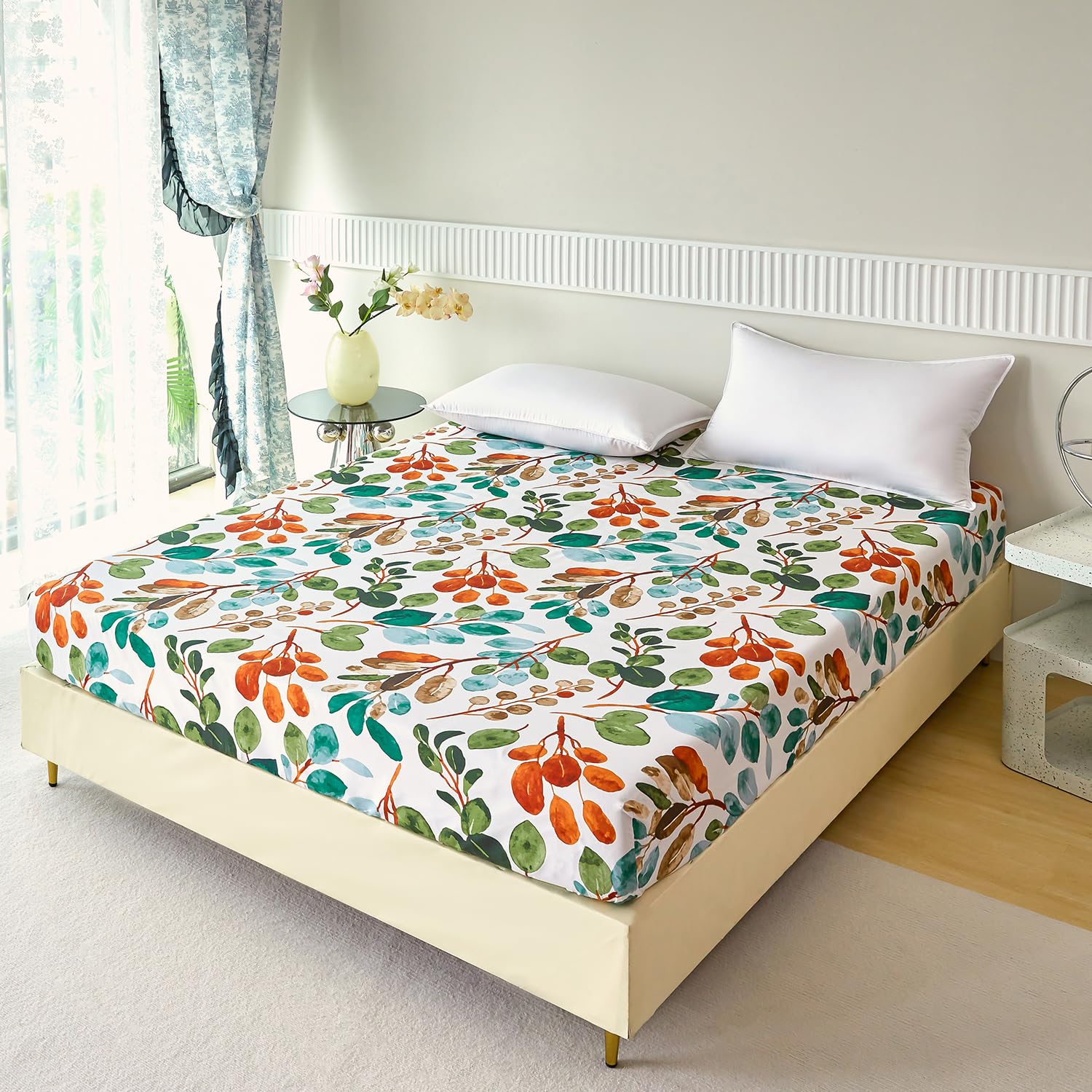 Jemiipee Lenzuolo con Angoli 180x200 cm Letto Matrimoniale Maxi - Lenzuola Sotto con Angoli Floreale in Microfibra a Motivo Primavera Rami e Foglie - Verde