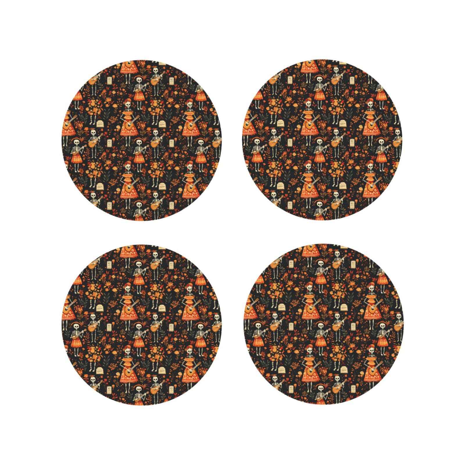 Smazdfxx Women's As Pic Leather Coasters Set Of 4 - Floral Skull Guitar Print Lightweight Drink Coasters For Desk