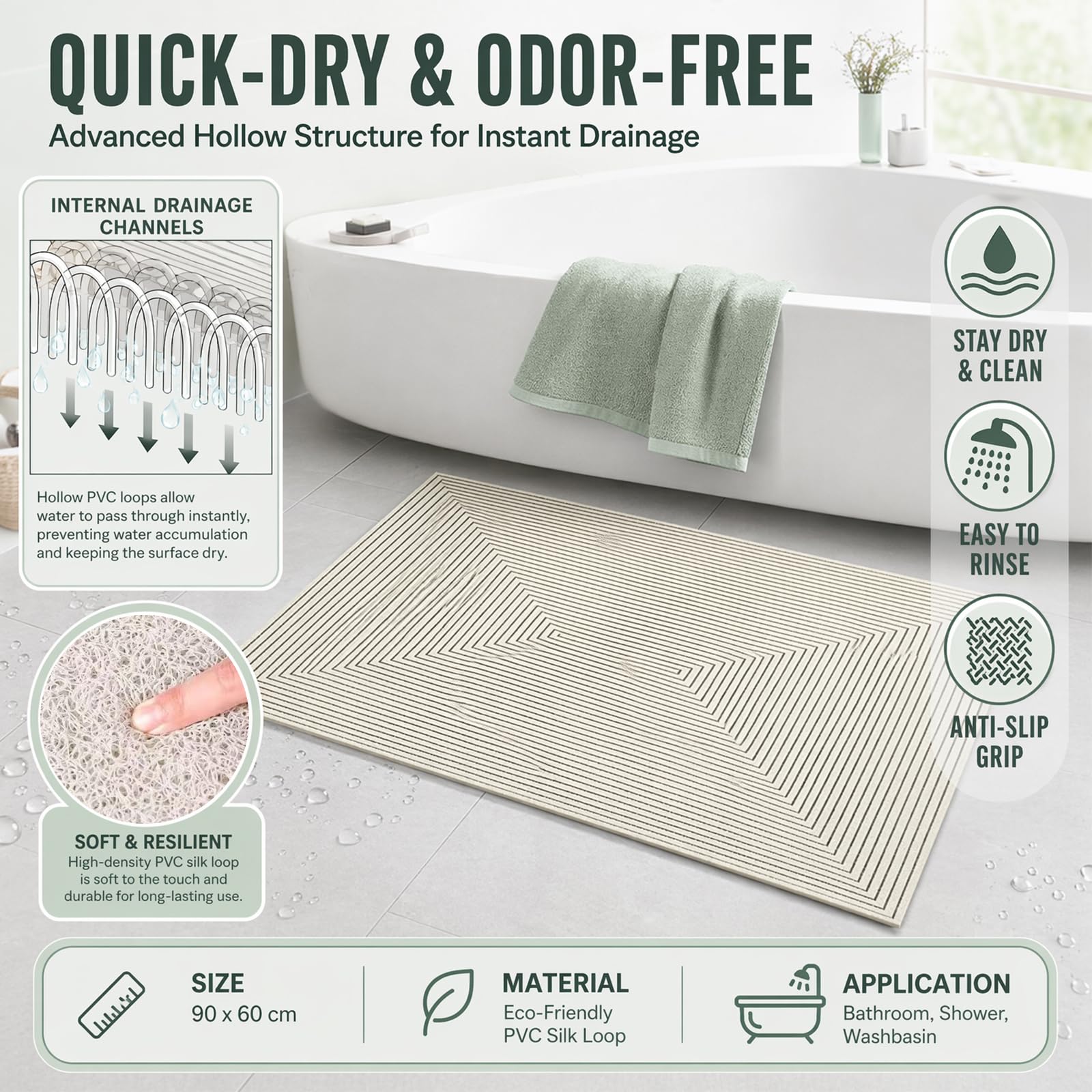 Alfombrilla de ducha antideslizante, de PVC, con orificios de drenaje y ventosas, de secado rápido, alfombrilla antideslizante para ducha y bañera (60 x 120 cm)
