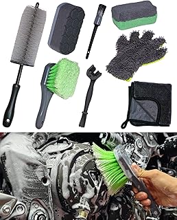 8 Pack Motorcycle Cleaning Kit - Professional Safe for Chrome/Engine/Tires, Hard Reach Brush, Microfiber Mitt, Detailing Tools, Drying Towel & Wax Applicators