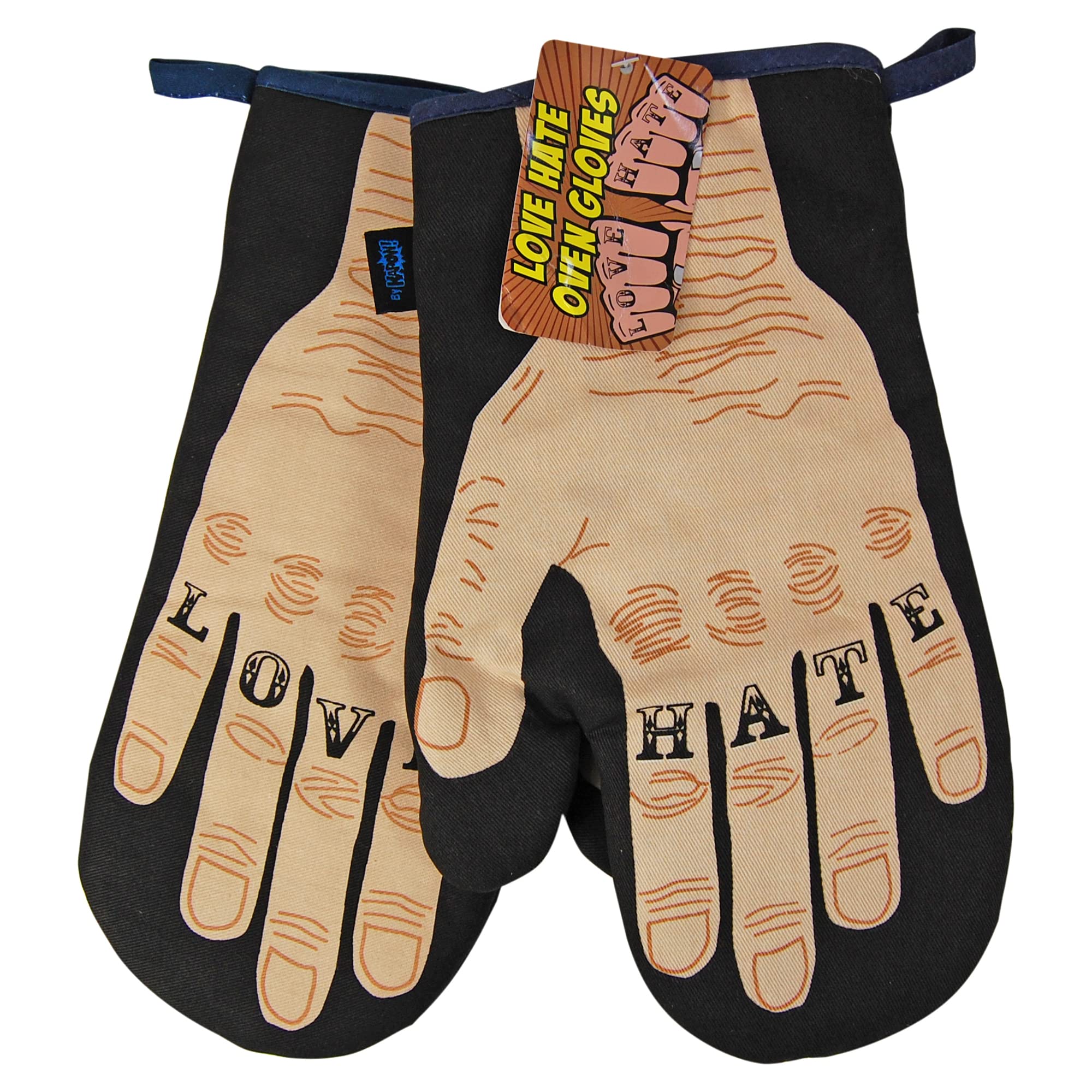 Bomblighters Love Hate Oven Gloves - knuckles oven mitts funny novelty retro pair, Multicolor, One Size