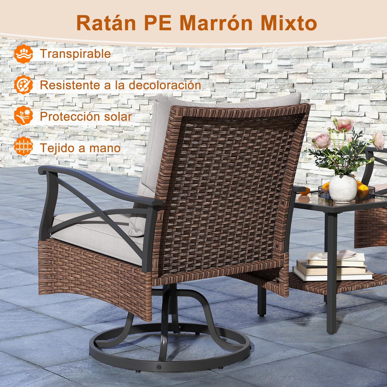 COSTWAY Conjunto Jardin Exterior de Ratan 3 Piezas, 2 Mecedoras de 360 Grados, 1 Mesa Auxiliar de Vidrio Templado 2 Niveles, Cojines, Mesa y Sillas Jardin Terraza Balcon