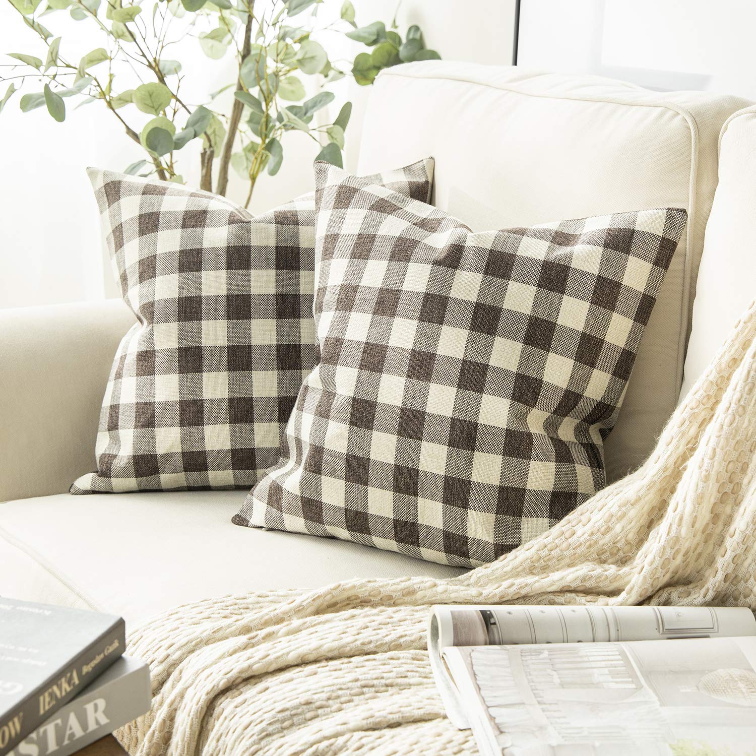 Amazon.com: Phantoscope Pack of 2 Checker Plaid Gingham Throw Pillow Covers  Farmhouse Classic Rustic Decorative Cushion Case Square Pillowcase, Coffee  and White, 18 x 18 inches 45 x 45 cm : Home & Kitchen