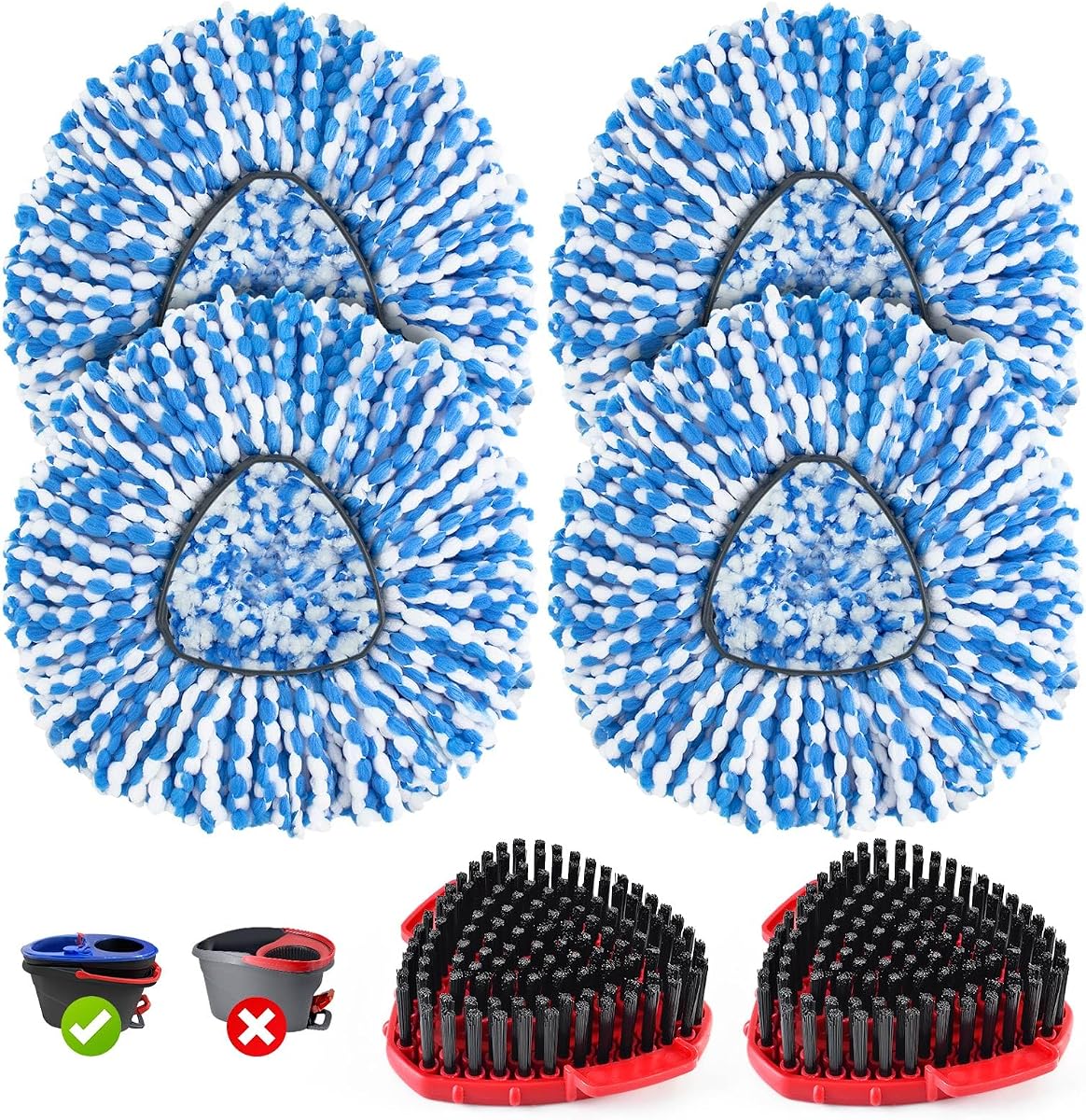 Mop Head Replacement for O Cedar, Spin Mop Replacement Heads and Scrub Brush Set for Ocedar Easywring 2 Tank Spin Mops System, Mop Heads Includeds 4 Mopping Replacement Refills & 2 Mops Scrub Brush