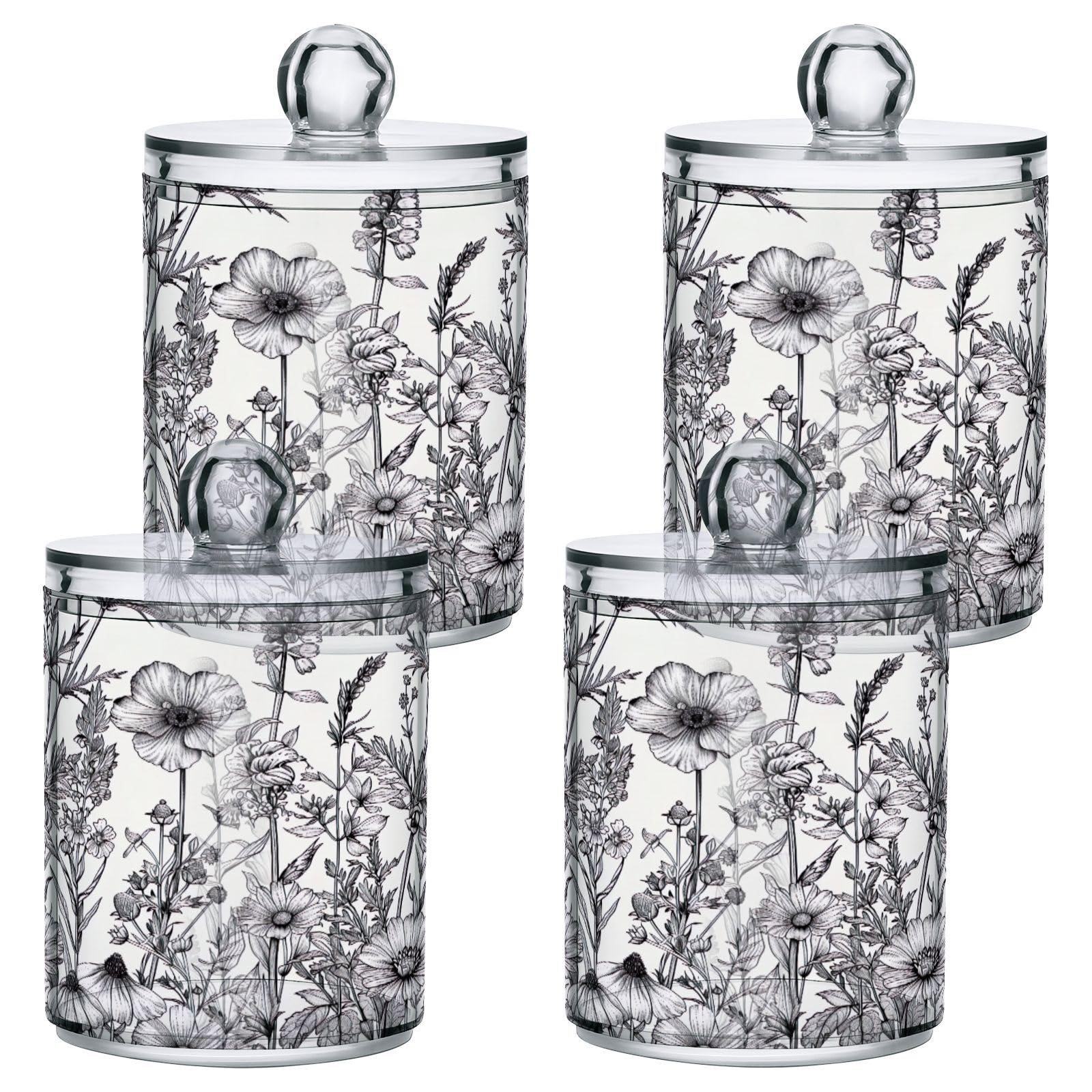 FLildon Black and White Flowers Qtip Holder Dispenser, Bathroom Organizer and Storage Containers, 2Pack Clear Plastic Apothecary Jars with Lids for Cotton Ball, Cotton Swab, Floss