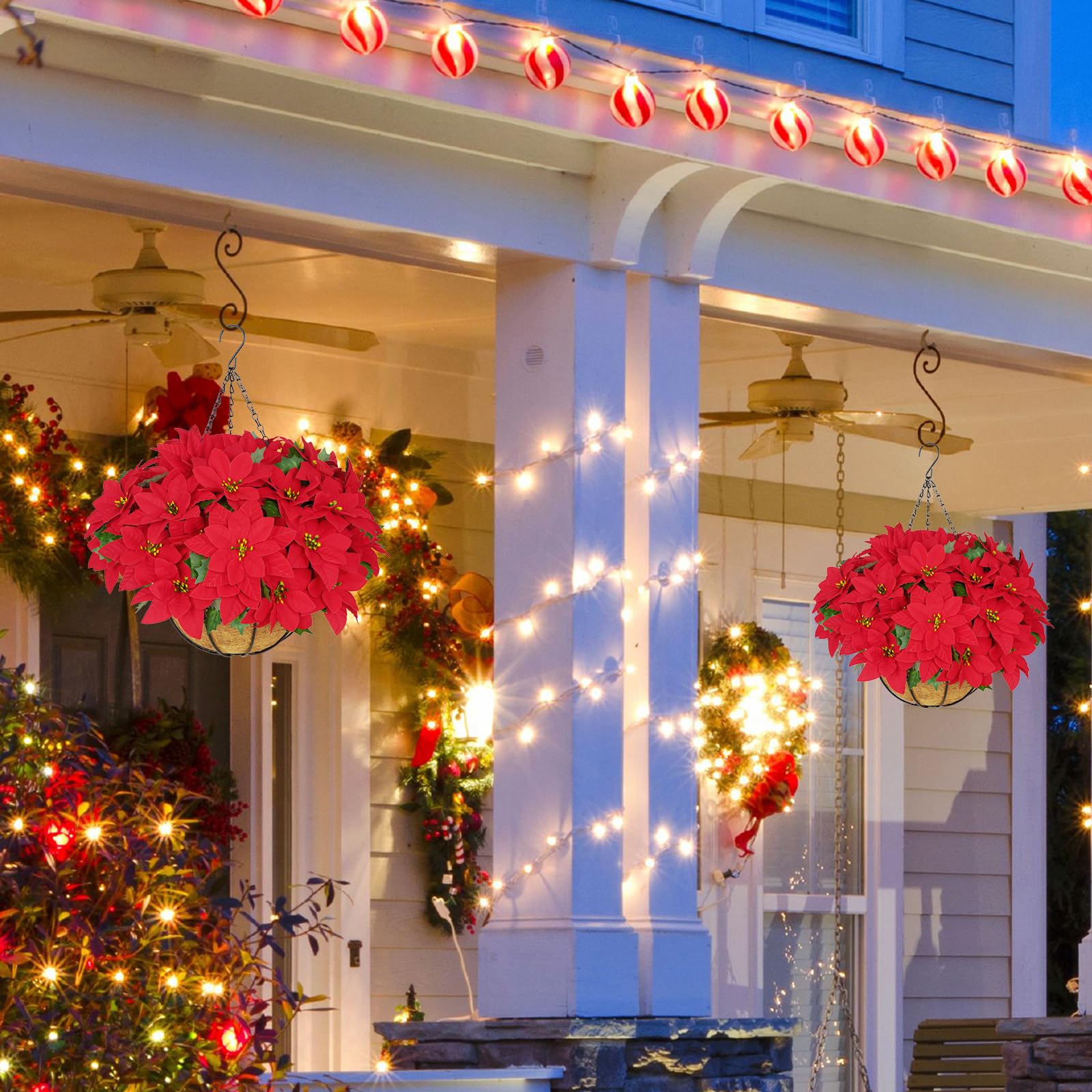 BLEUM CADE Weihnachtsdekorationen - Künstliche Weihnachtsblumen Hängende Weihnachtssterne mit Korb für den Außenbereich, künstliche hängende rote Weihnachtssterne für Weihnachtsdekoration,
