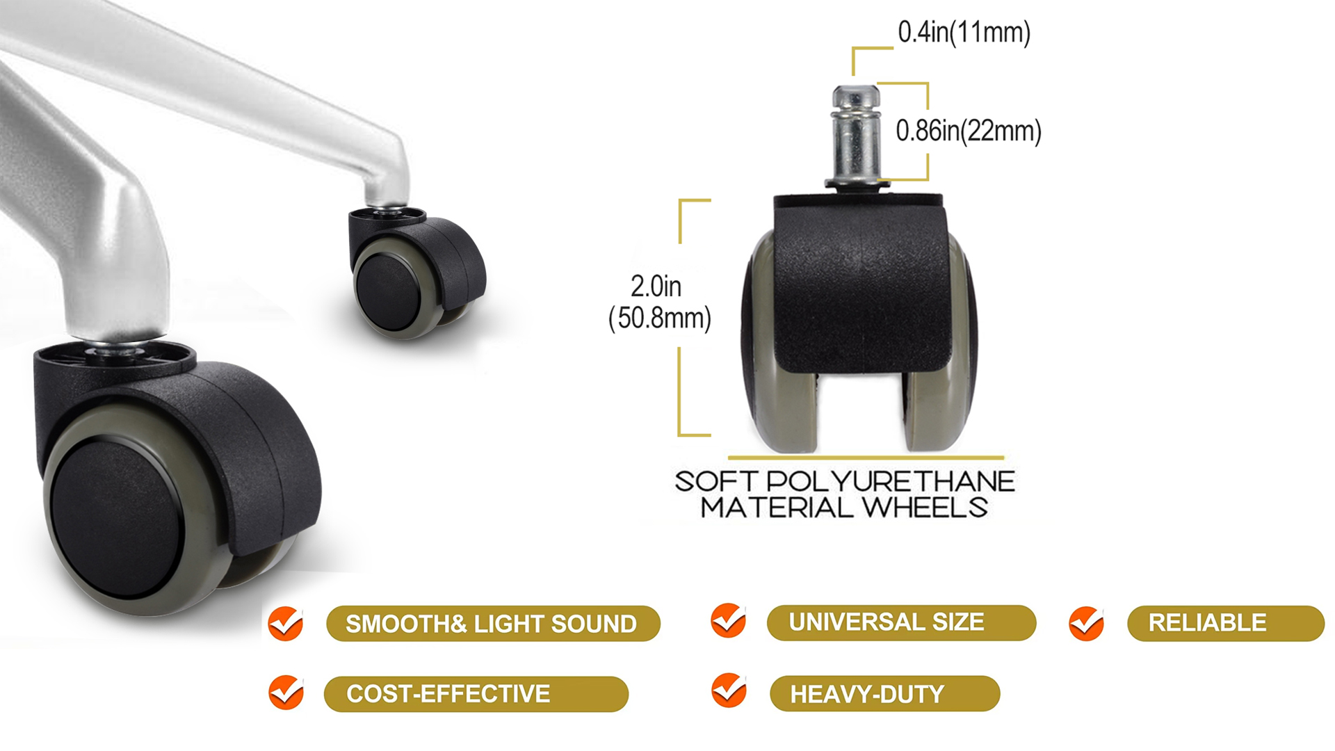 Lot De 5 Roulettes Pour Chaise De Bureau - Plastique Noir, Diamètre 50 Mm, Tige 11 Mm, Freinage à Charge, Pour Sols Souples