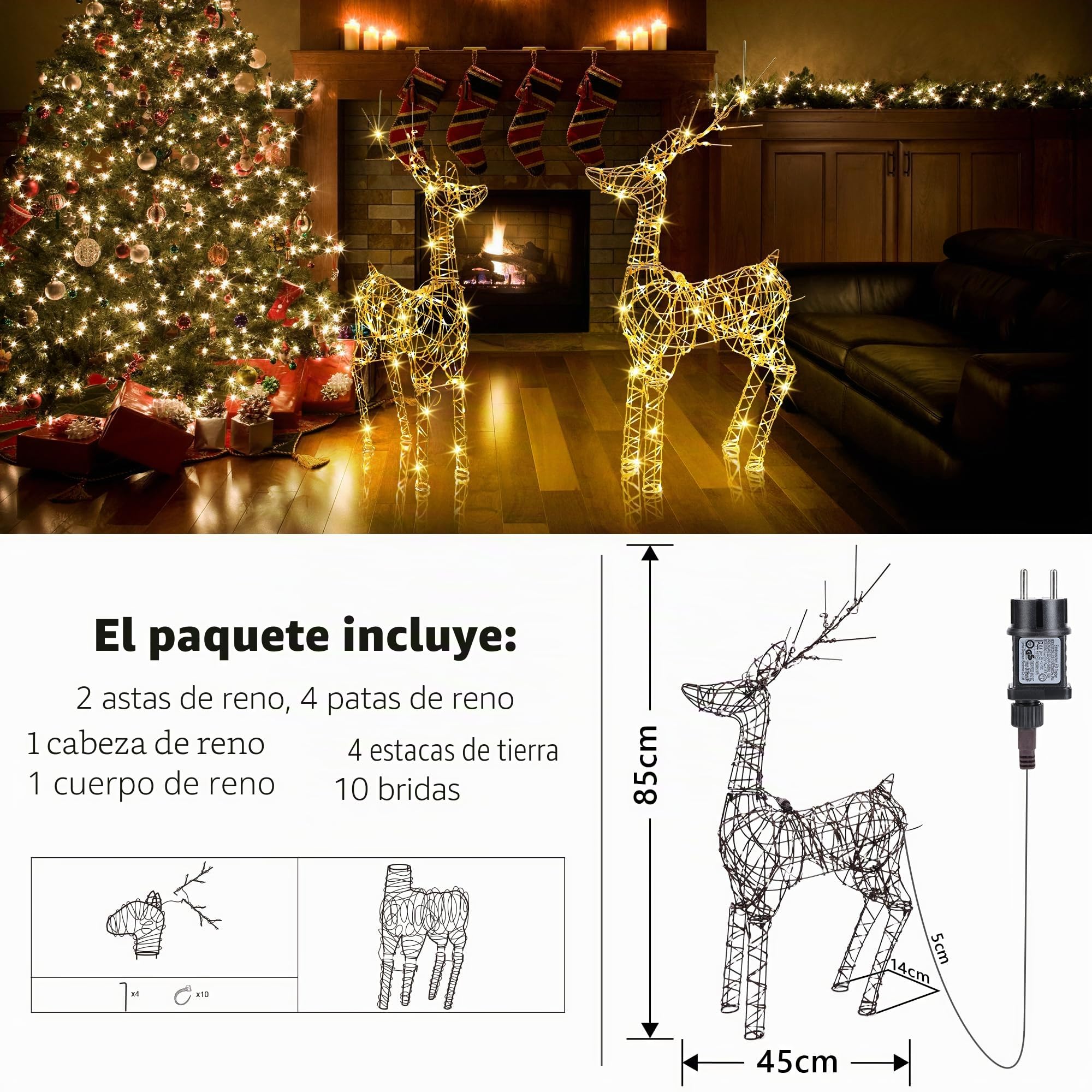 Joomer 240 LED Reno de Navidad Iluminado de Metal 85CM Blanco Cálido