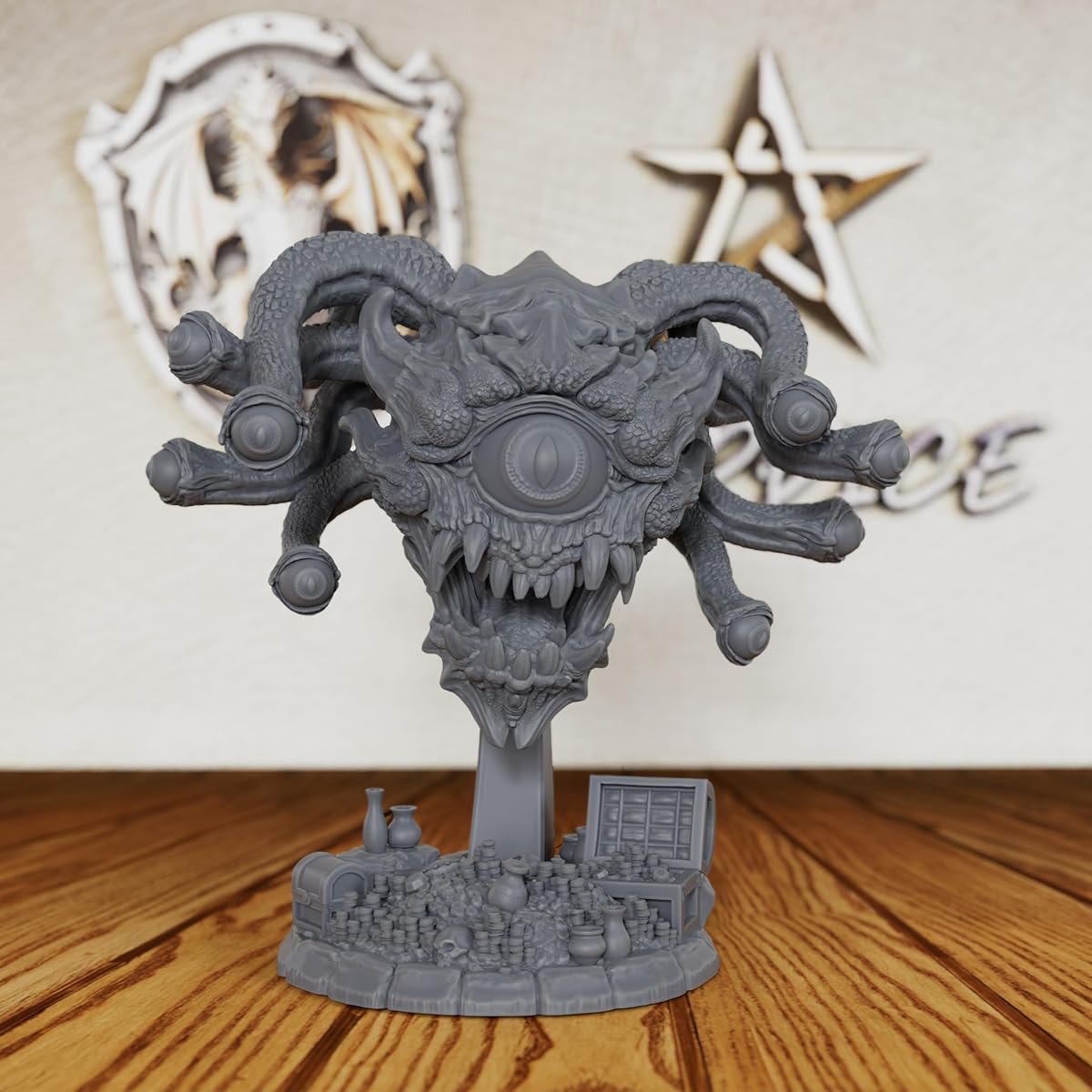 AUSPDICE 32mm Fantasy Beholder Unpainted Resin DND Miniature Monster AS403 | Floating Eye Tyrant Fantasy Figure with Eyestalks and Treasure Hoard Base for Dungeons and Dragons, TTRPG and Dungeon Masters