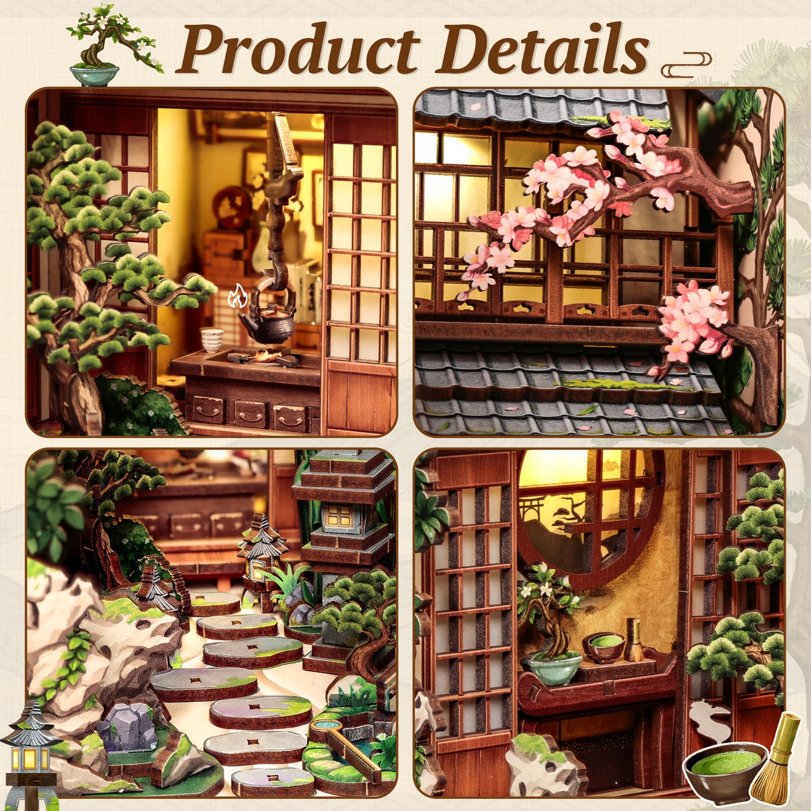 CUTEBEE Book Nook Kit - Puppenhaus Bausatz für Erwachsene, Japanisches Miniaturhaus mit LED Beleuchtung, Regal Dekoration, Einzigartiges Geschenk (Serene Courtyard)