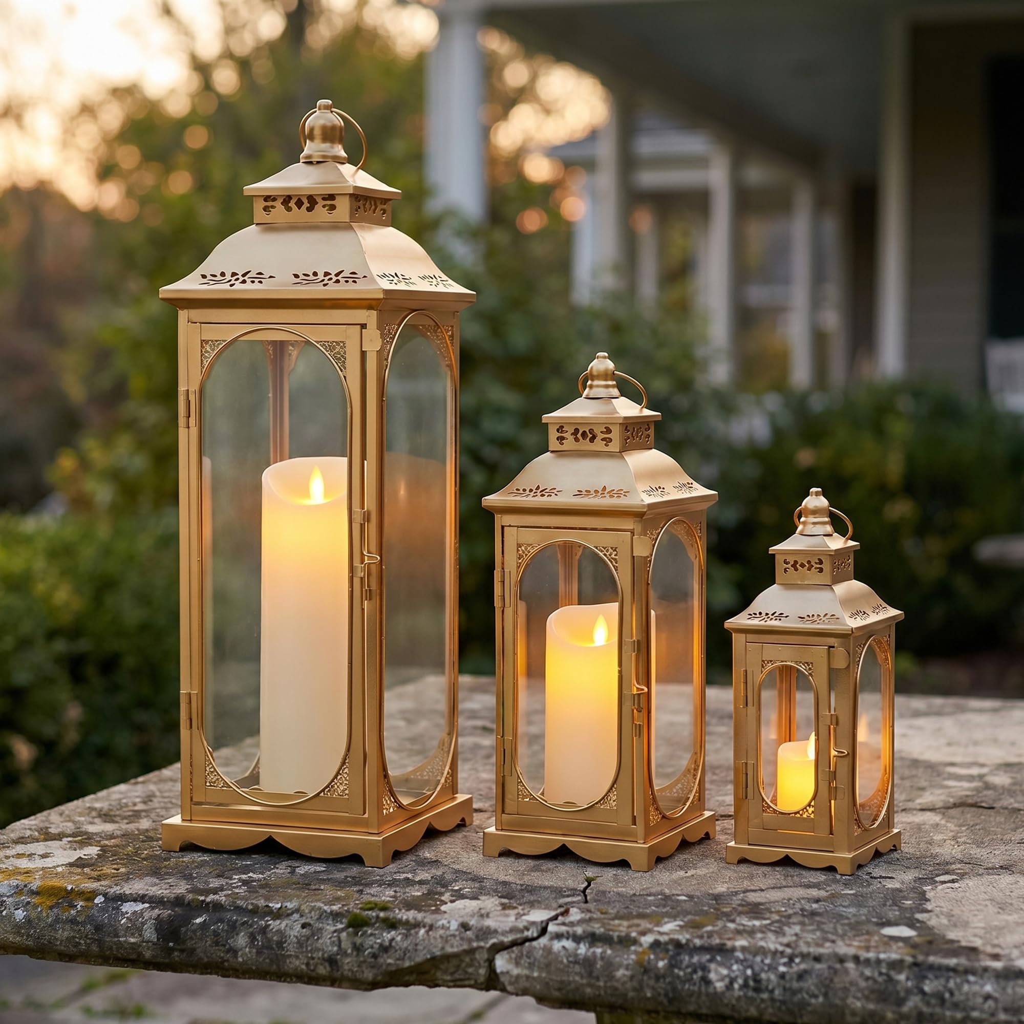 TRIROCKS Set mit 3 Vintage-Kerzenlaternen, 26/35/50 cm hoch, dekorativer Kerzenständer aus Metall mit gehärtetem Glas für Wohnzimmer, Heimdekoration, Garten, Hochzeiten, drinnen und draußen (Gold)