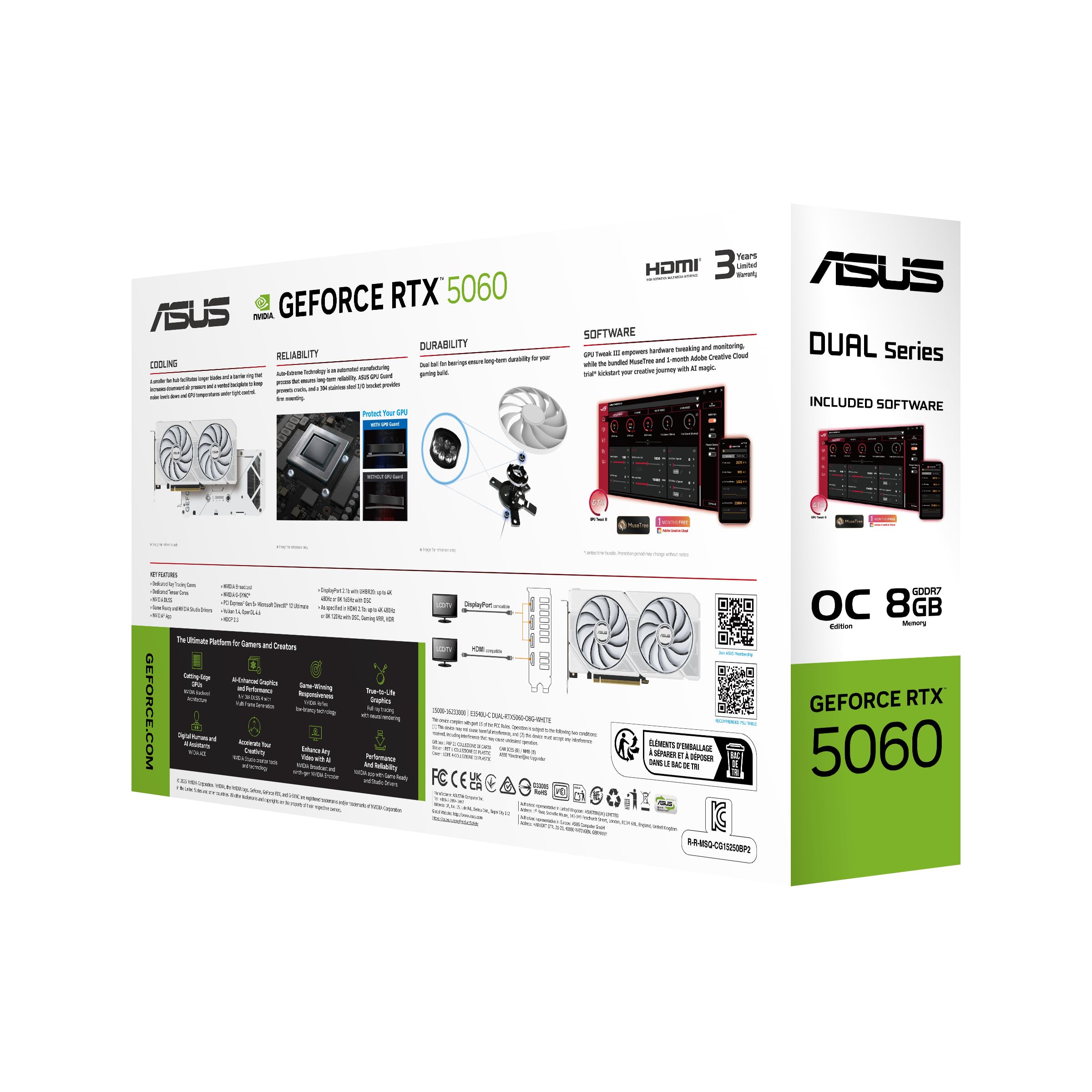 ASUS Dual GeForce RTX 5060 8GB GDDR7 White Edition (PCIe 5.0, 8GB GDDR7, DLSS 4, HDMI 2.1b, DisplayPort 2.1b, 2.5 Ranuras, diseño de Ventilador de tecnología axial, tecnología 0dB, BIOS Dual y más)