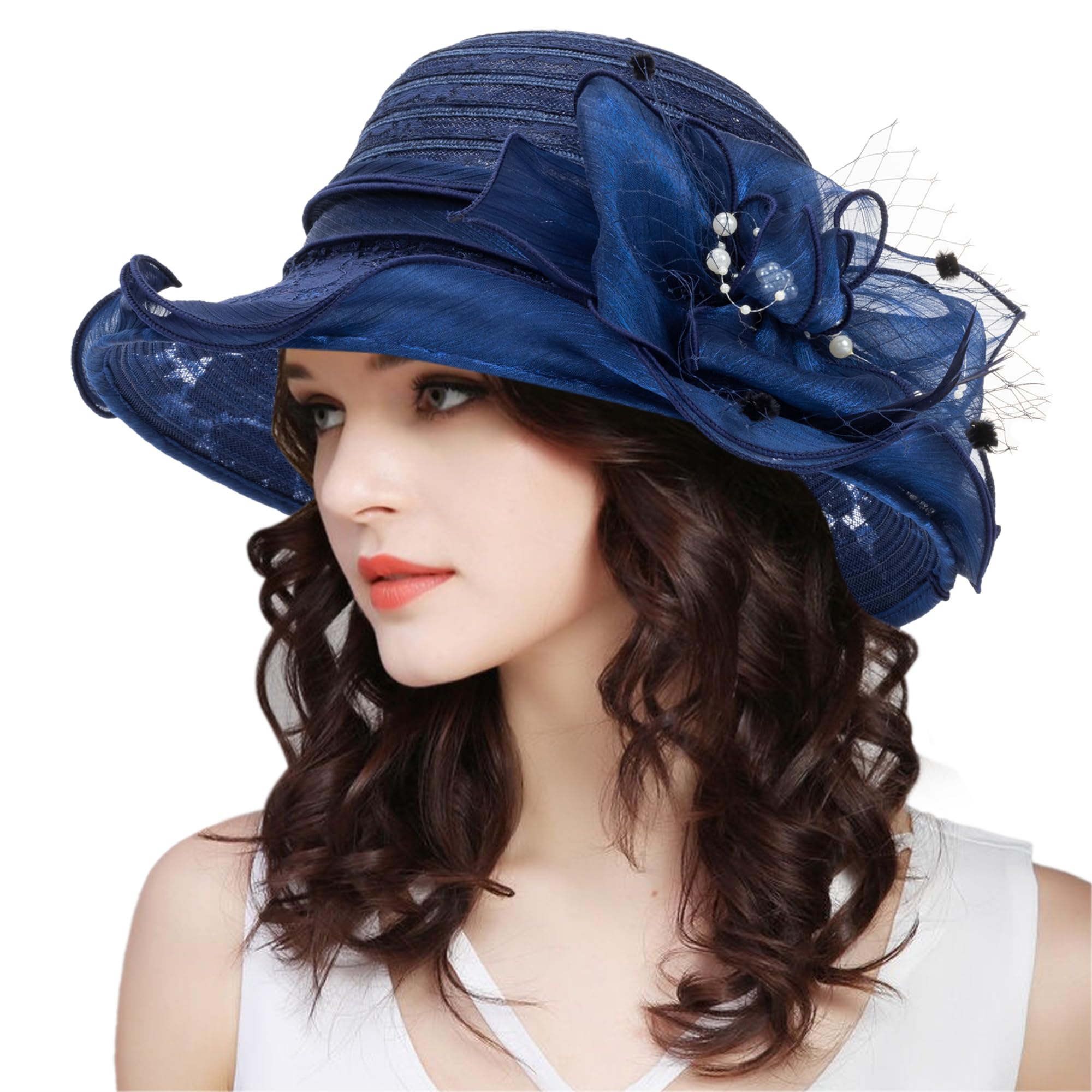 Kentucky-Fascinator Organza-Hat for Women Derby-Church-Wedding Sun-Cap for Tea-Party-Summer-Protection Flower-Wide-Brim-Hats Navy
