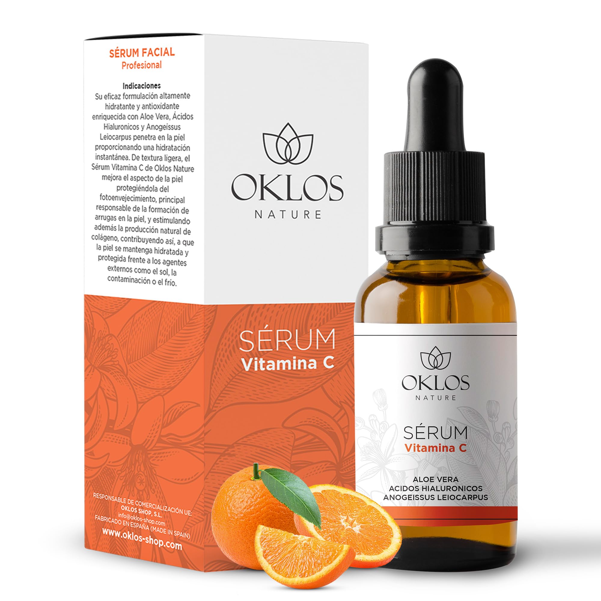 Oklos - Sérum Facial Vitamina C, Ácido Hialurónico y Aloe Vera - Contorno de Ojos - Hidratante, Sedoso y Concentrado - Piel Luminosa, Firme y Suave - 30 ml