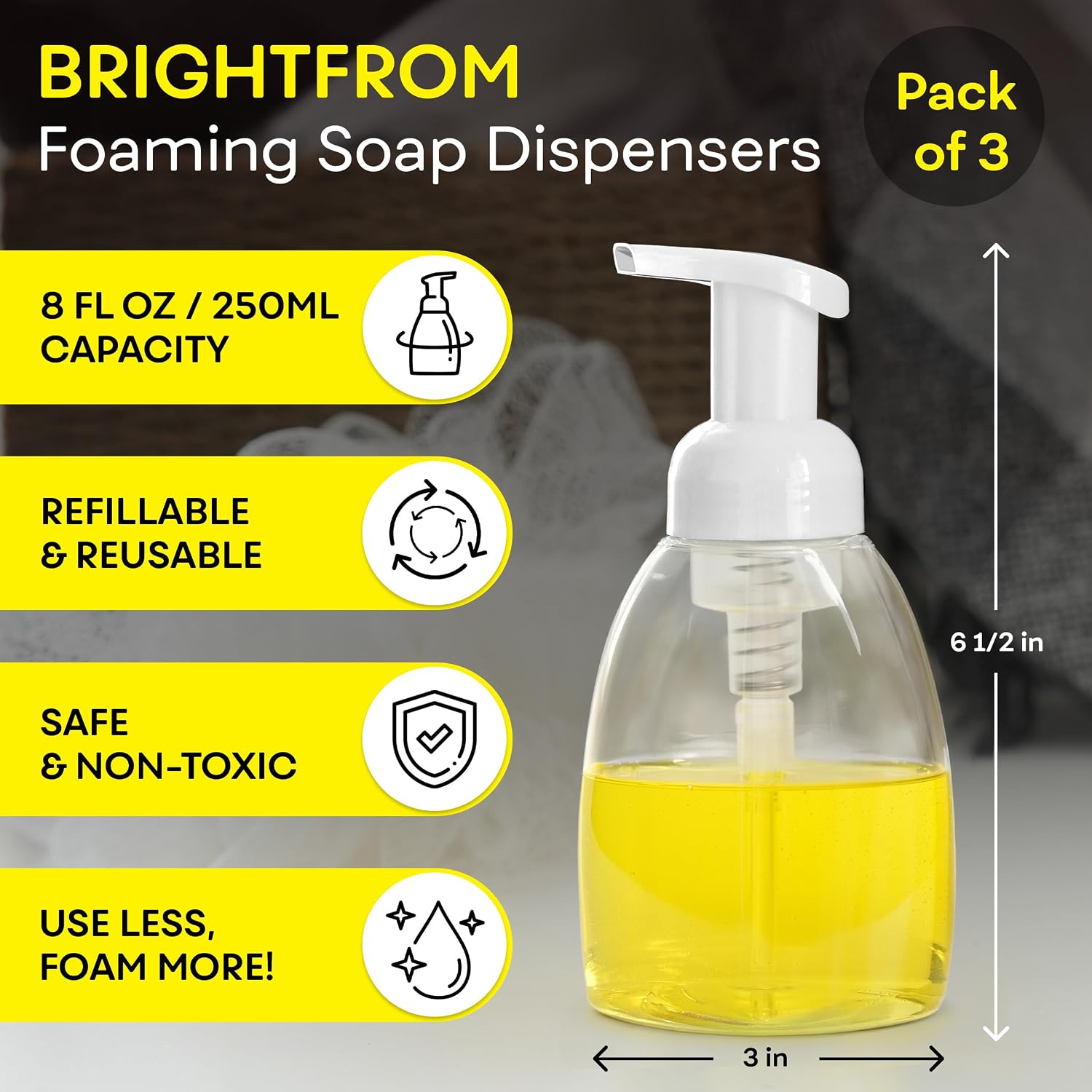 BRIGHTFROM Foaming Soap Dispenser Pump Bottles, BPA Free Empty Refillable Plastic Container for Liquid Soap - Kitchen, Bathroom, Commercial - 8oz (250ml) Pack of 3, Clear