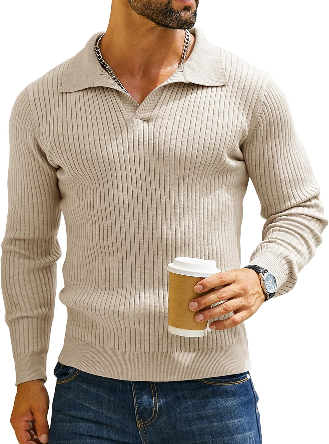 Men's Ribbed Knit Sweater Long Sleeve Johnny Collar Slim Fit Pullover Tops Khaki L