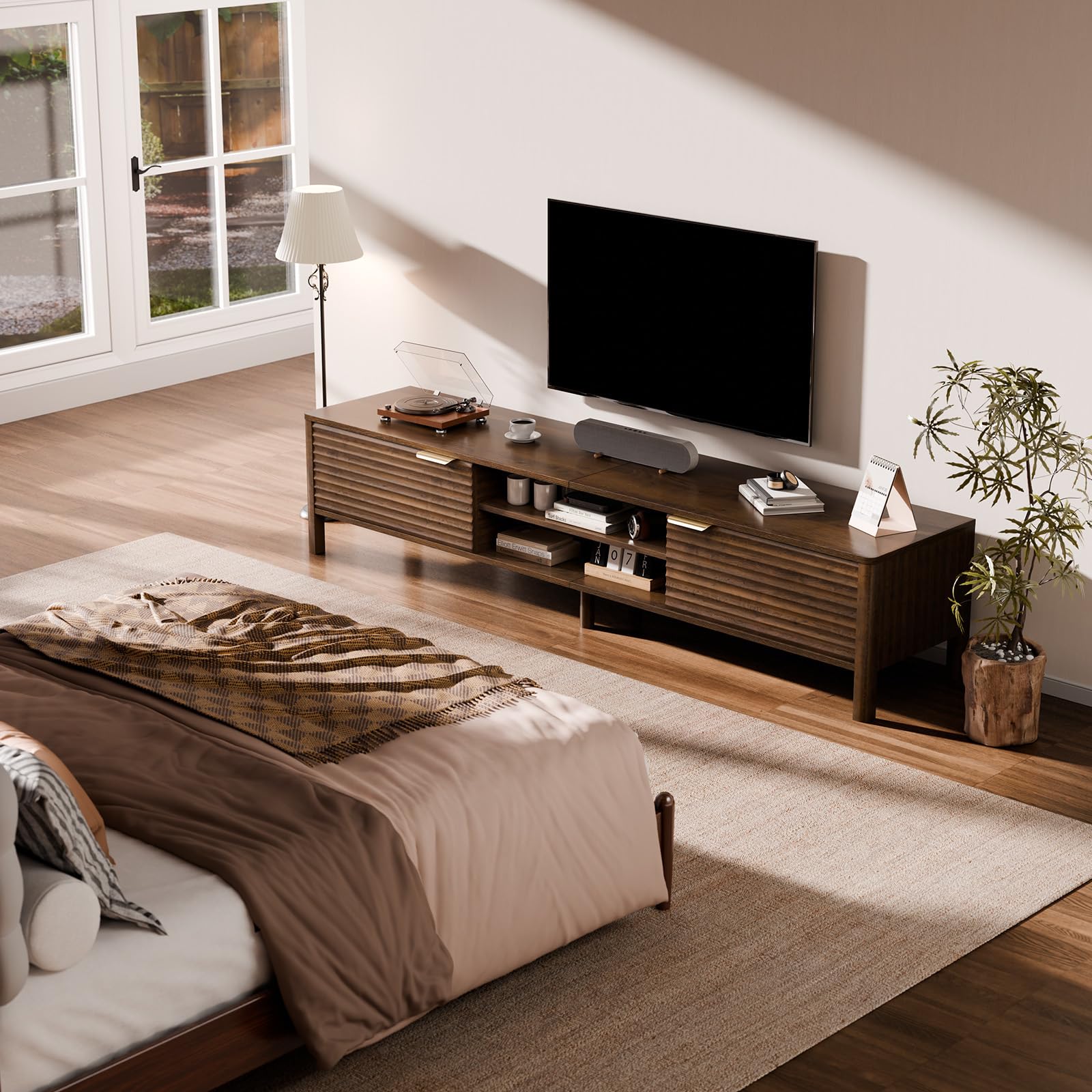 IKALIFE Meuble TV Bas Bois avec Rangement Marron 200 cm Longueur | Meuble TV avec 2 Portes, Meuble Tele pour Téléviseur jusqu'à 80 Pouces, Table TV Moderne, Meuble TV pour Salon et Chambre