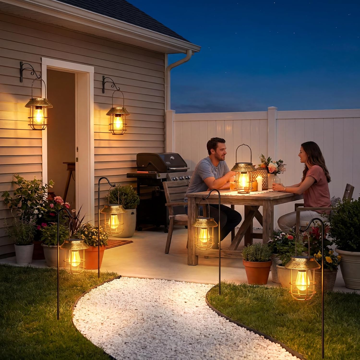Solar Lanterns Outdoor Waterproof 2 Pack, Upgraded Brighter Hanging Solar Lights for Outside with Wall Hook - Retro Bronze Metal Solar-Powered Hanging Lantern Auto On/Off for Porch Patio Garden