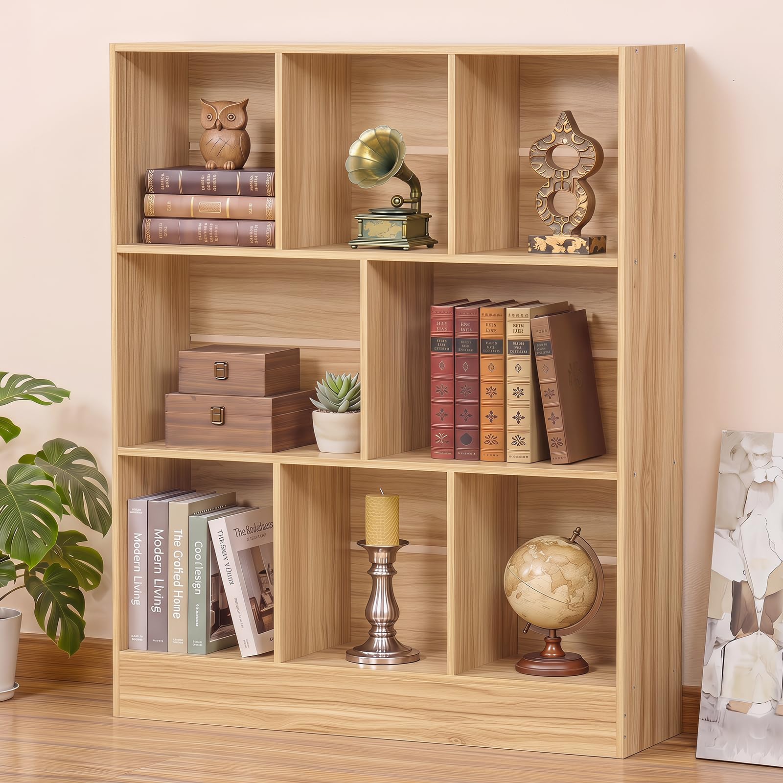 YAHARBO 3 Tier 8 Cube Horizontal Bookshelf,Low Bookcase for Sleves,Natural