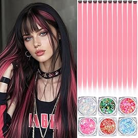 Colored Hair Extensions, 22 Inch Straight Clip in Hair Extension Body Face Hair Glitter Multi Color Rainbow Pink Red Hairpiece Extensions for Kids Girls Women (Glitter+Pink)
