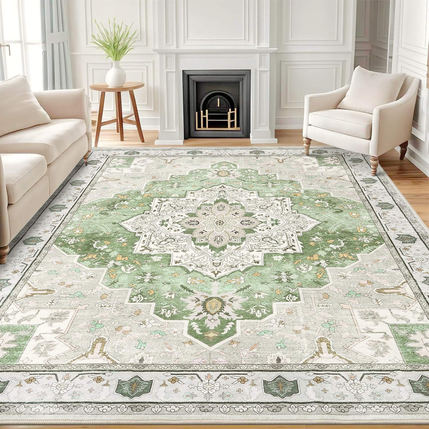 OLANLY 6x9 Light Green Vintage Floral Washable Large Rugs for Living Room | Non Slip, Low Pile, Easy Clean, Thin Waterproof Carpet for Bedroom, Farmhouse, Dining Room, Nursery, Home Office