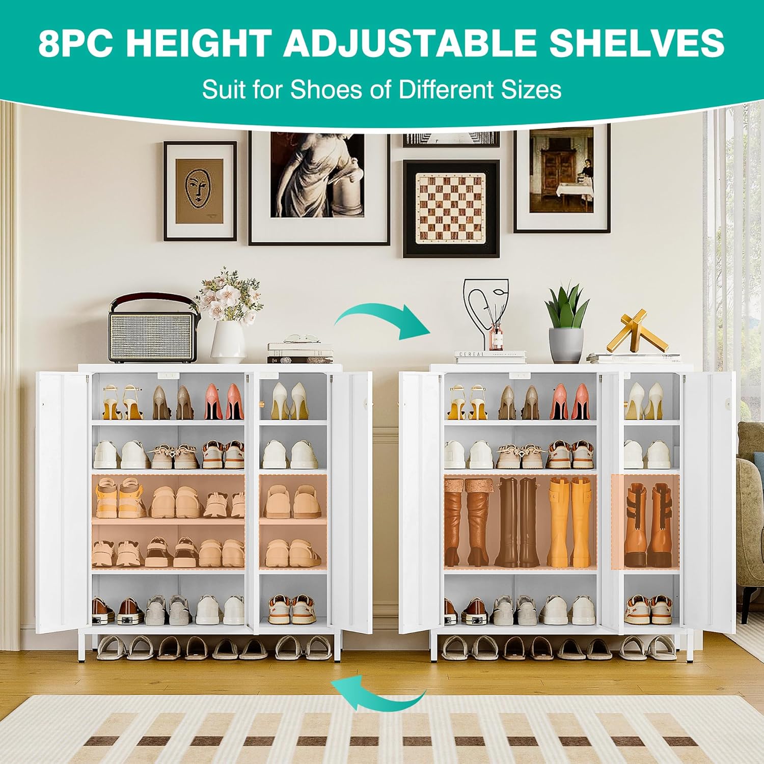 Two SISESOL Storage Cabinets side-by-side, demonstrating adjustable shelves. The left cabinet shows shelves configured for various shoe types including slippers, sneakers, high heels, and snow boots. The right cabinet shows shelves adjusted to accommodate taller items like boots.