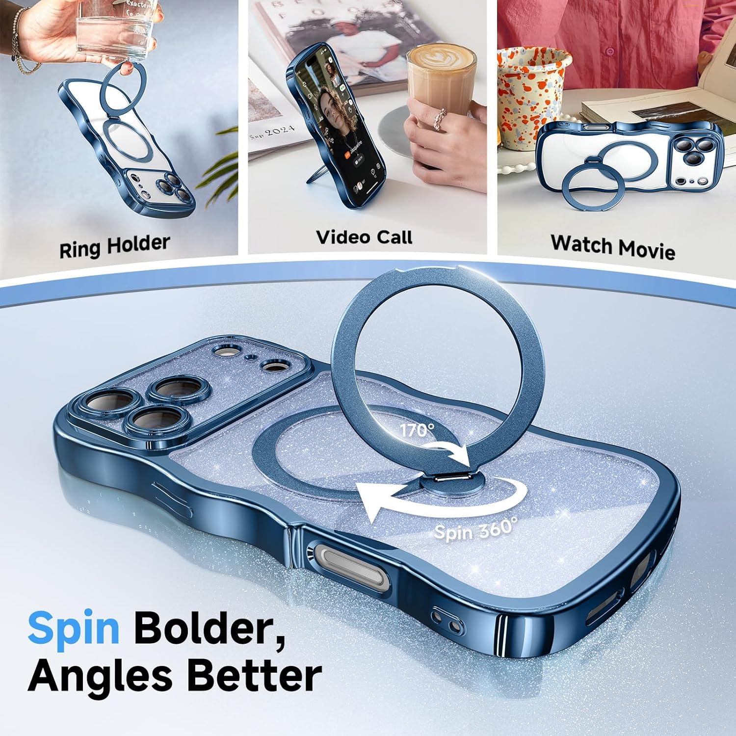 3 in 1 for iPhone 17 Pro Max Case with 360° Spin Magnetic Stand, 1X DIY Glitter Cardstock +1X Screen Protector, [Fit for Magsafe]Cute Wavy Glossy Clear Phone Cover for Women Girls 6.9", Sapphire Blue