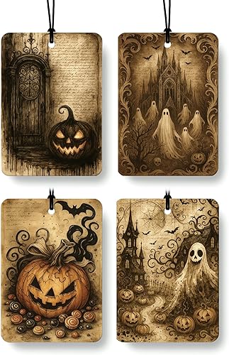 Miniatura 12 de Ambientador de coche lindo de Halloween, 4 piezas, diseño de calabaza retro espeluznante, fantasma, esqueleto humorístico, ambientador colgante para