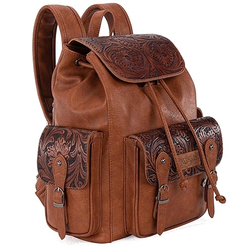 Montana West Wrangler Backpack Purse for Women Men Western Backpack Floral Tooled Travel Bags - Carve Brown