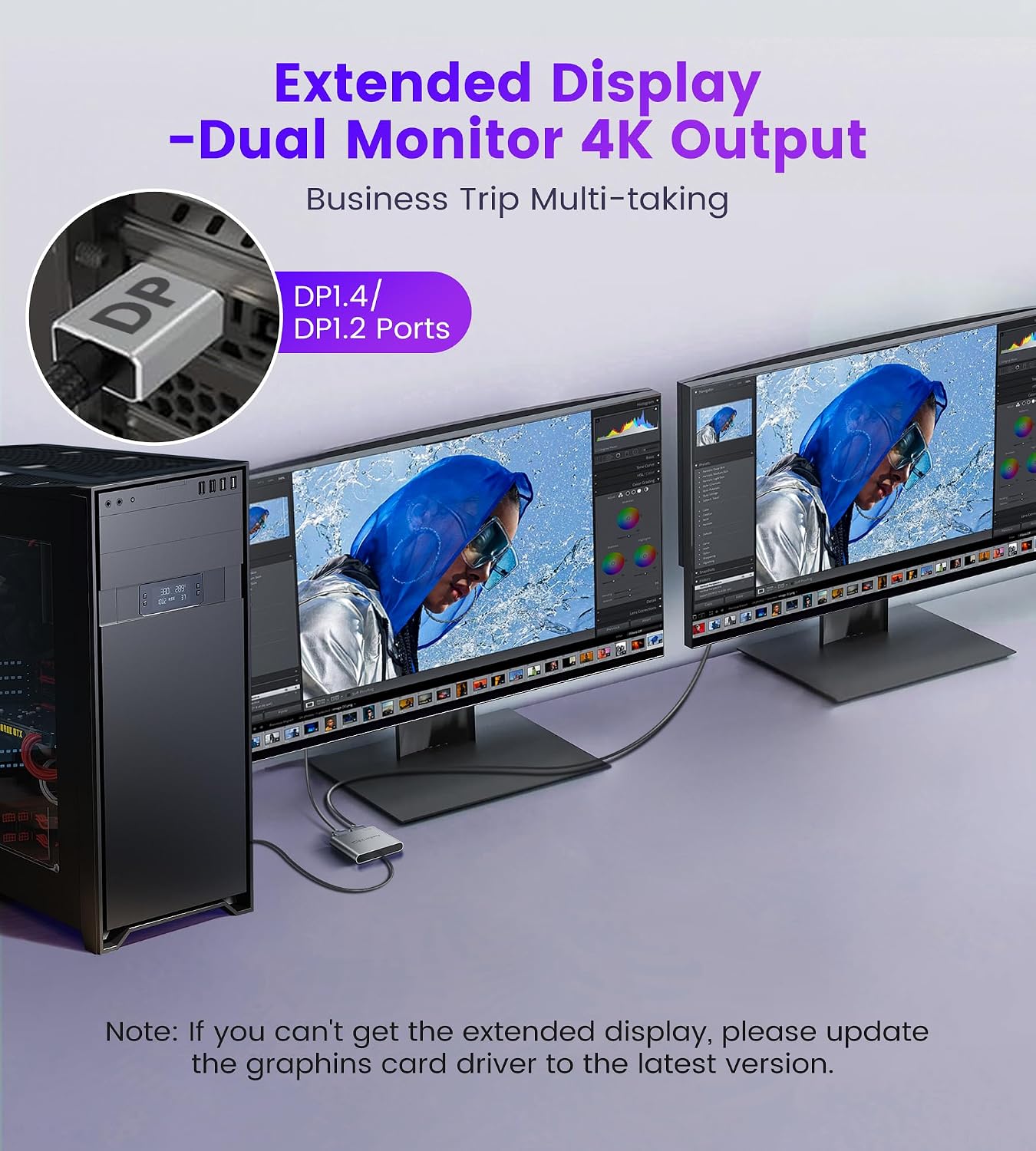 Displayport to Dual Displayport Splitter Adapter 4K@60Hz, DP 1.4 Splitter Adapter 1 in 2 Out SST/MST Extended Display Compatible with PC, Laptop,Graphics,PC