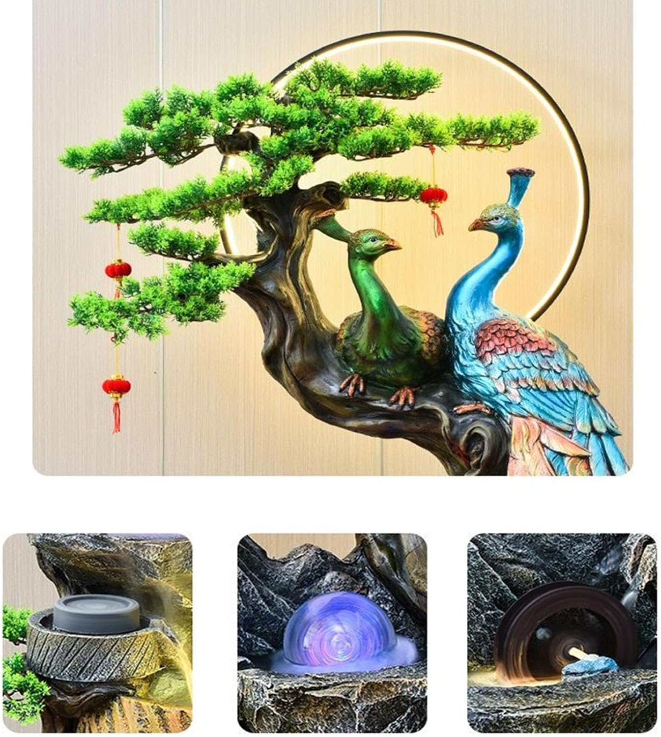 Floor Standing Water Fountain, Peacock Water Fountain with LED Glass Color Changing Globe, Small