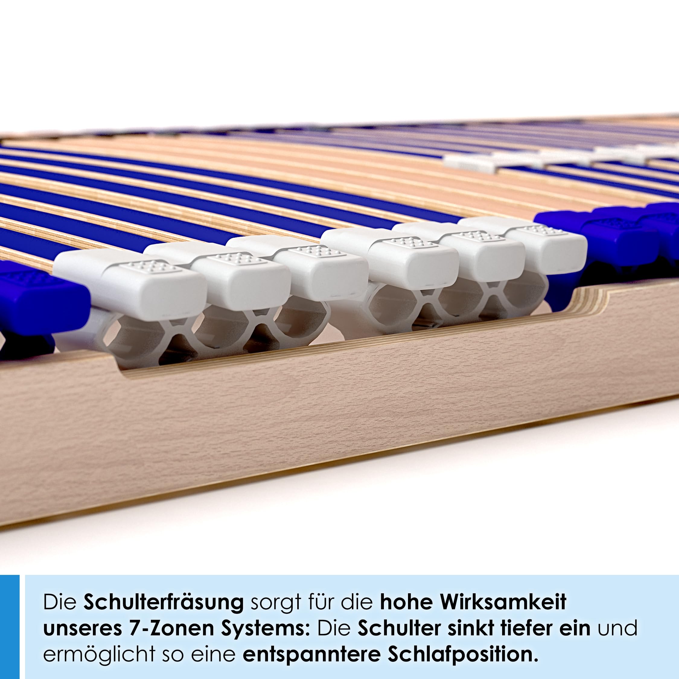 stabiler Lattenrost 100% BUCHE Lattenrahmen - nicht verstellbar, starr - SCHULTERFRÄSUNG, 7 Zonen, 44 Federleisten, Härte-Regulierung, Mittelgurt - FIX COMFORT 44® - fertig montiert (90x200cm)