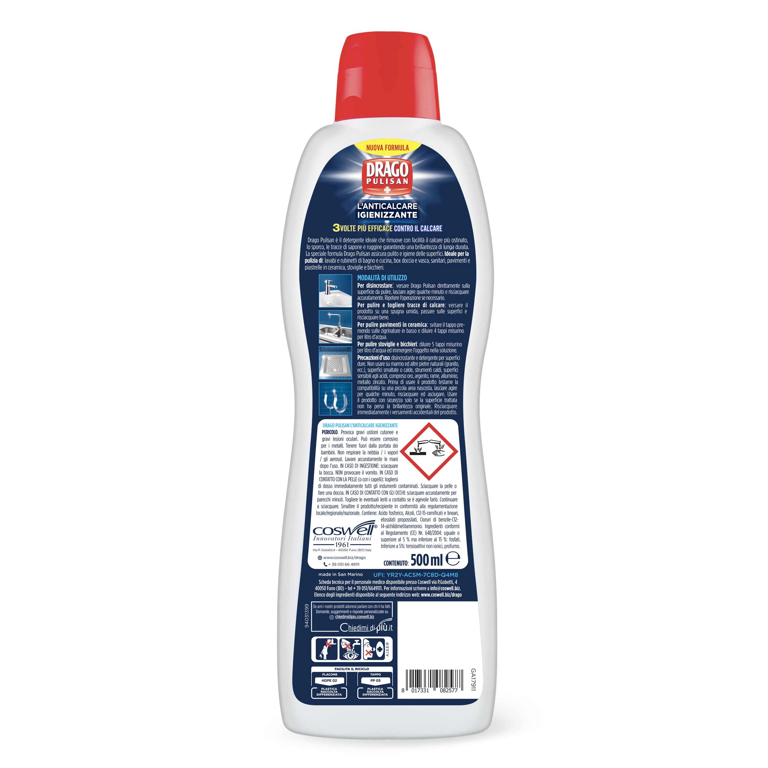 Detersivo Anticalcare, Igienizzante Ambienti, Dona Brillantezza a Superfici, Pavimenti e Stoviglie, Detergente Casa a Base di Acido Fosforico, Prodotti Pulizia Casa, 500 ml