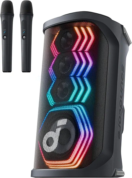 soundcore Rave 3S AI Party Speaker with 2 Wireless Microphones, 200W Sound, AI Vocal Removal, Reverb, Light Show, 12H Playtime, Portable Bluetooth PA System for Home, Party, or Backyard