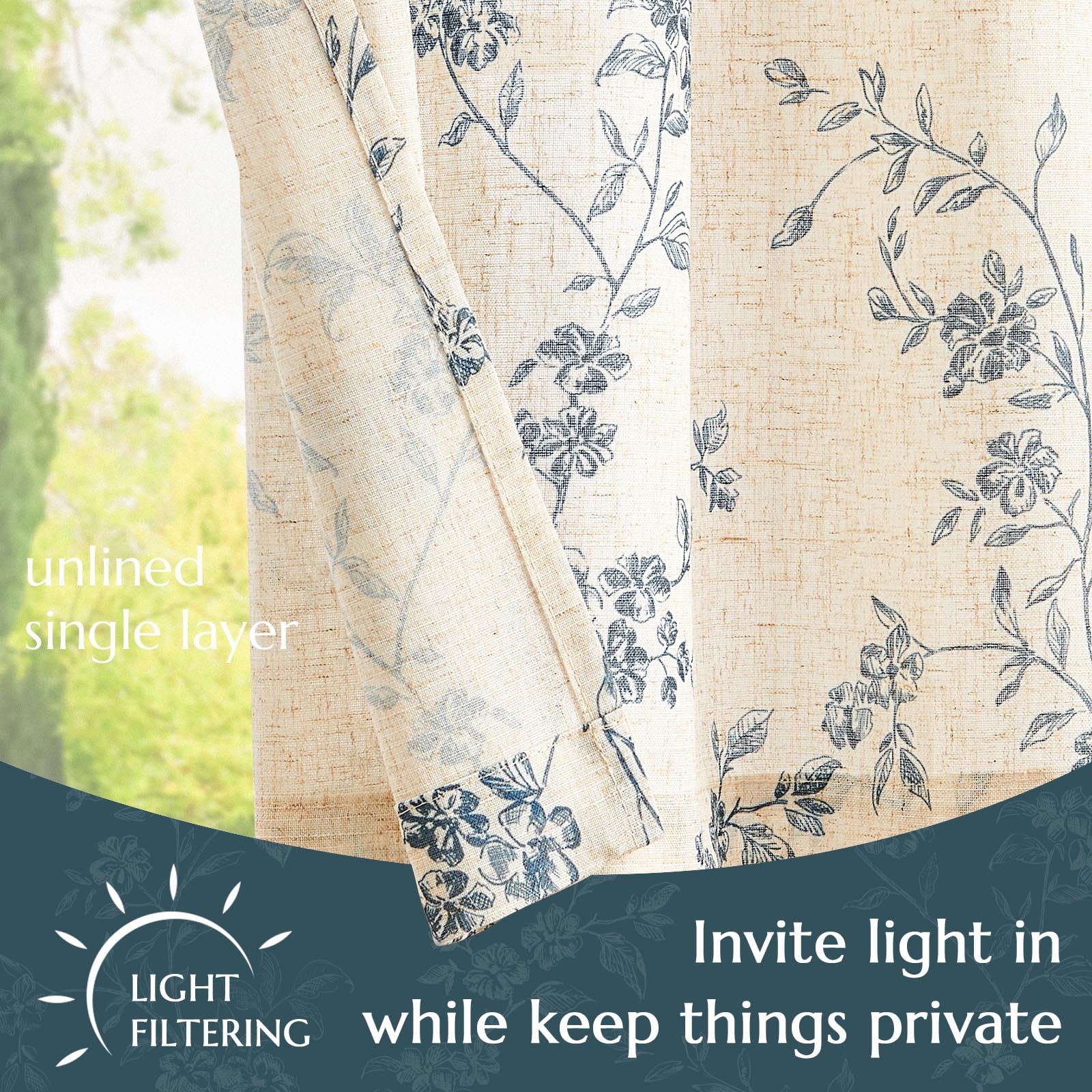 TOPICK Floral Linen Blend Kitchen Curtains 24 Inch Drop Short Cafe Curtains Light Filtering Small Window Curtain Tiers for Bathroom Living Room RV Rod Pocket 2 Panels Blue - Image 4