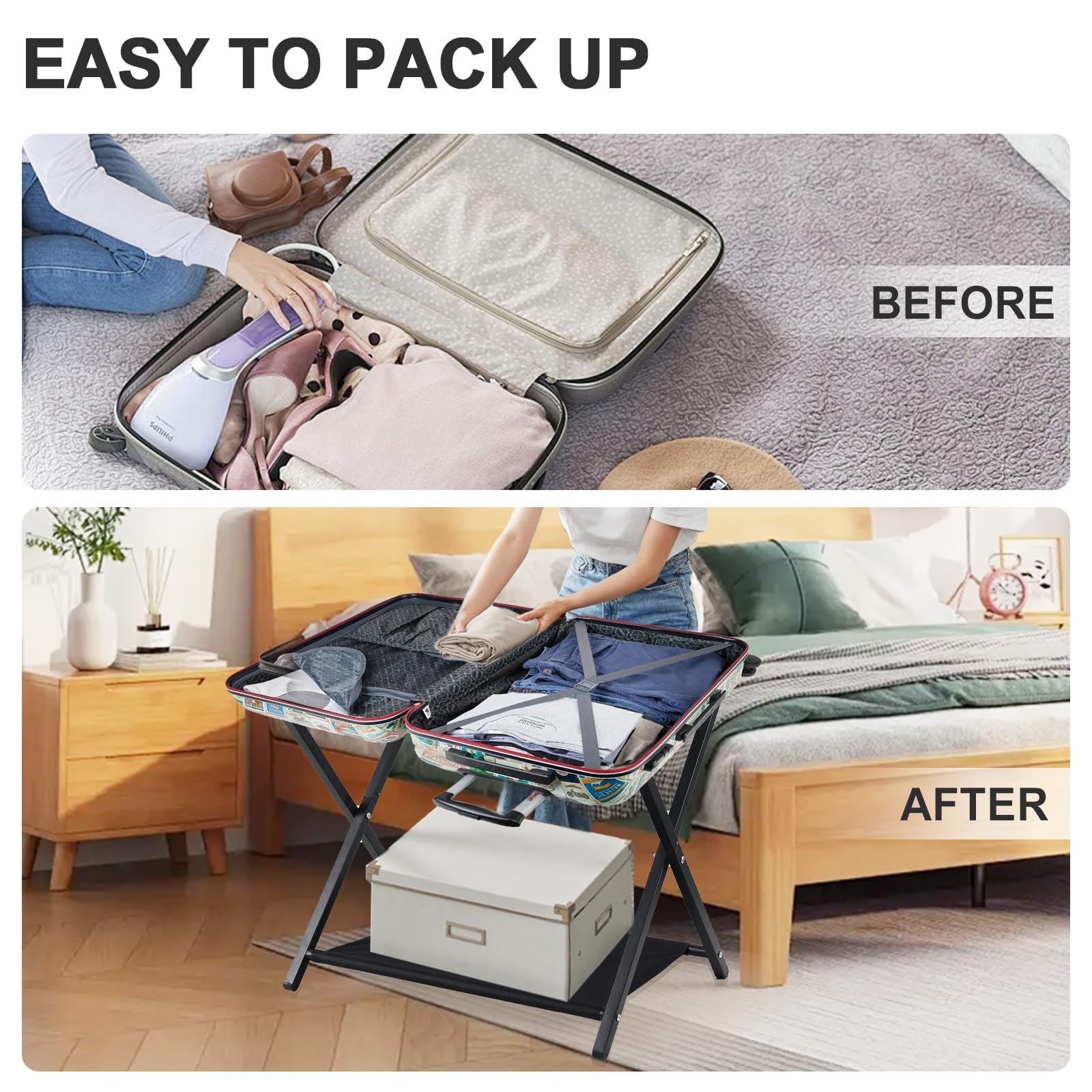 Supporto per Valigie DAKEPOLE - 2 Pezzi, Supporto Pieghevole per Valigie in Bambù per Camera da Letto, Camera degli Ospiti, Metallo Cromato, Pieghevole