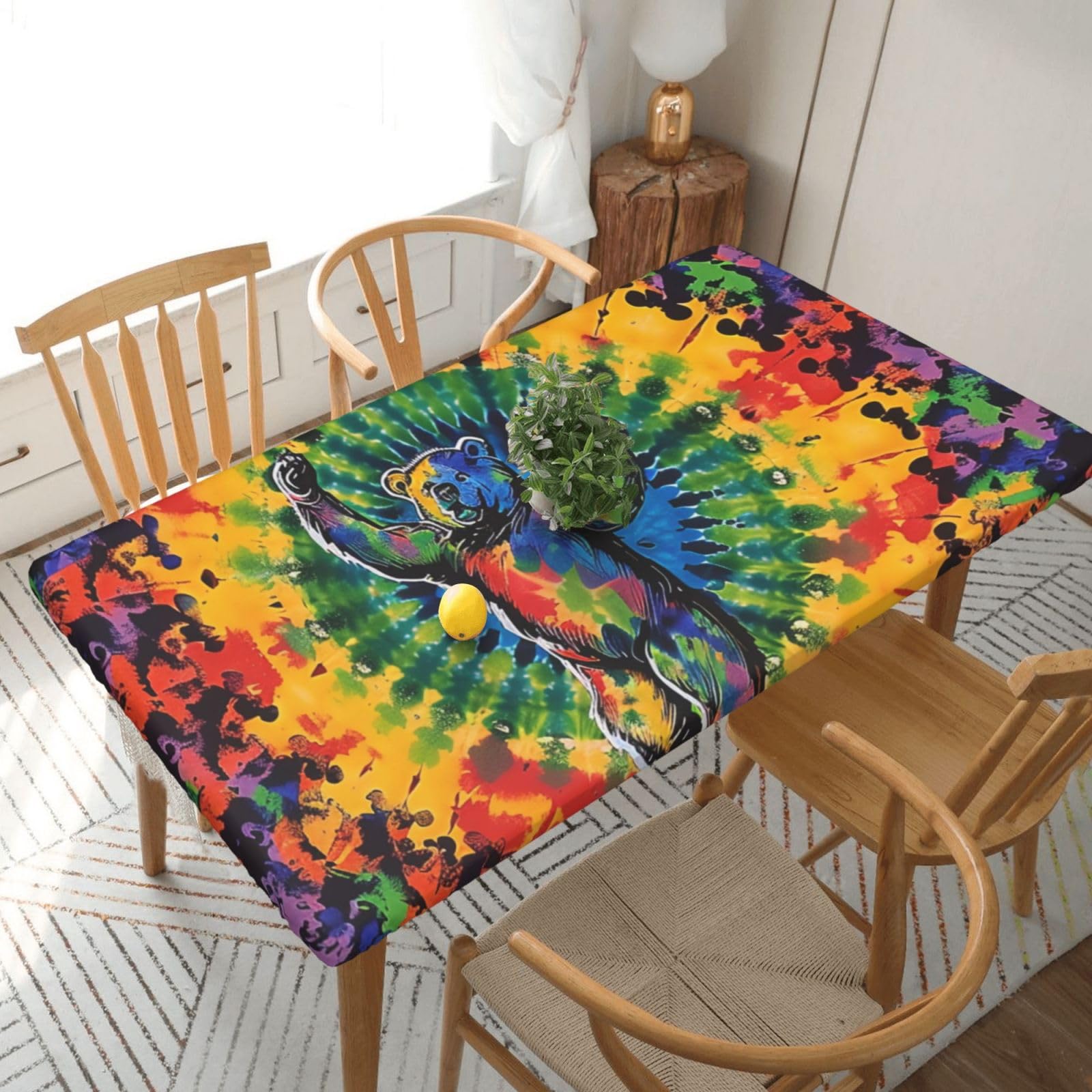 WPKJU Bear Dancing Tie Dye Printed Tablecloths 5ft Rectangular Table Covers Washable Polyester Decorative Table Cloth for Dining Table Picnic Wedding