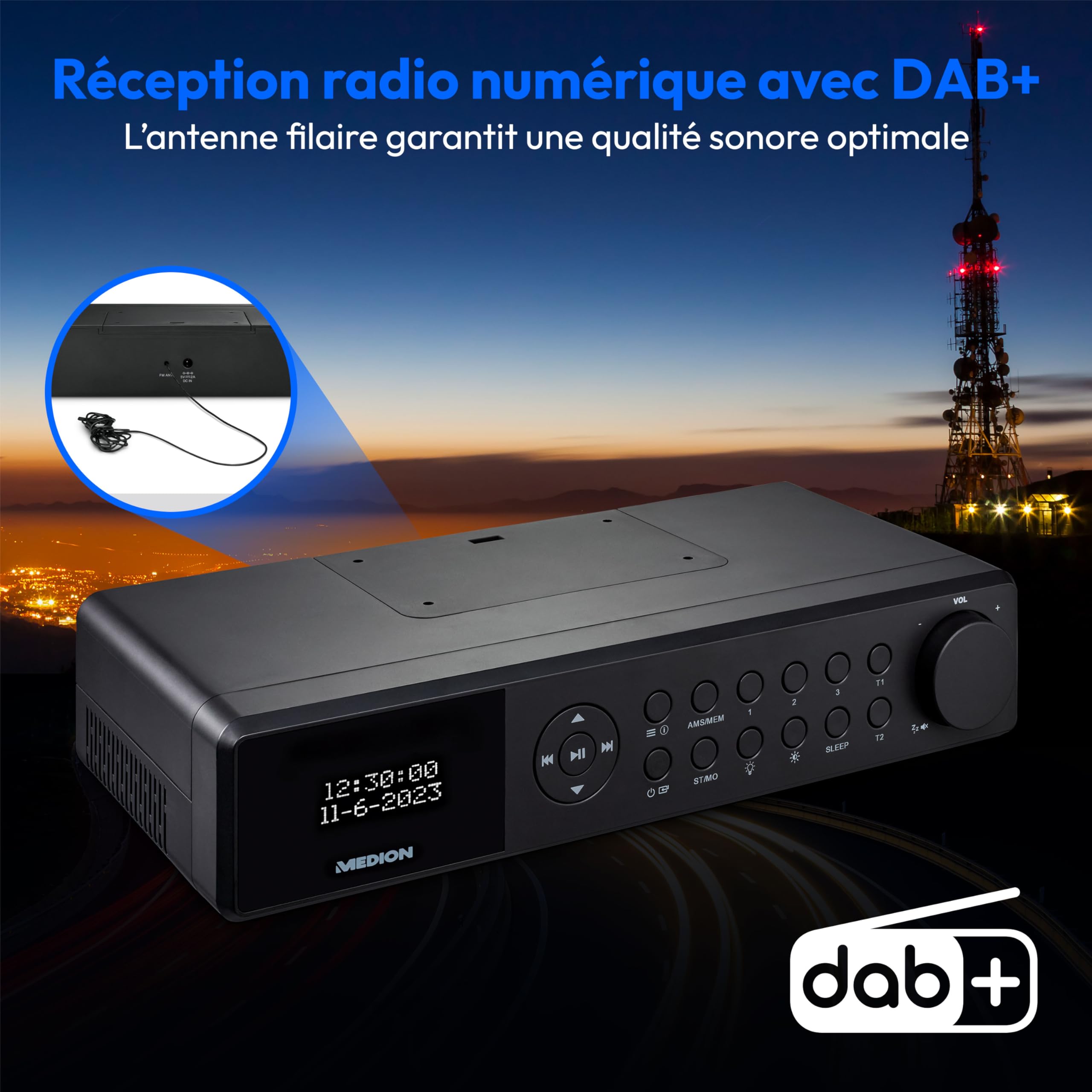 Radio de Cuisine encastrable MEDION E6660 (Radio de Cuisine Dab+, Radio FM PLL, Bluetooth, Barre Lumineuse LED, encastrable, minuterie de Cuisson, Affichage de l'heure) Noir