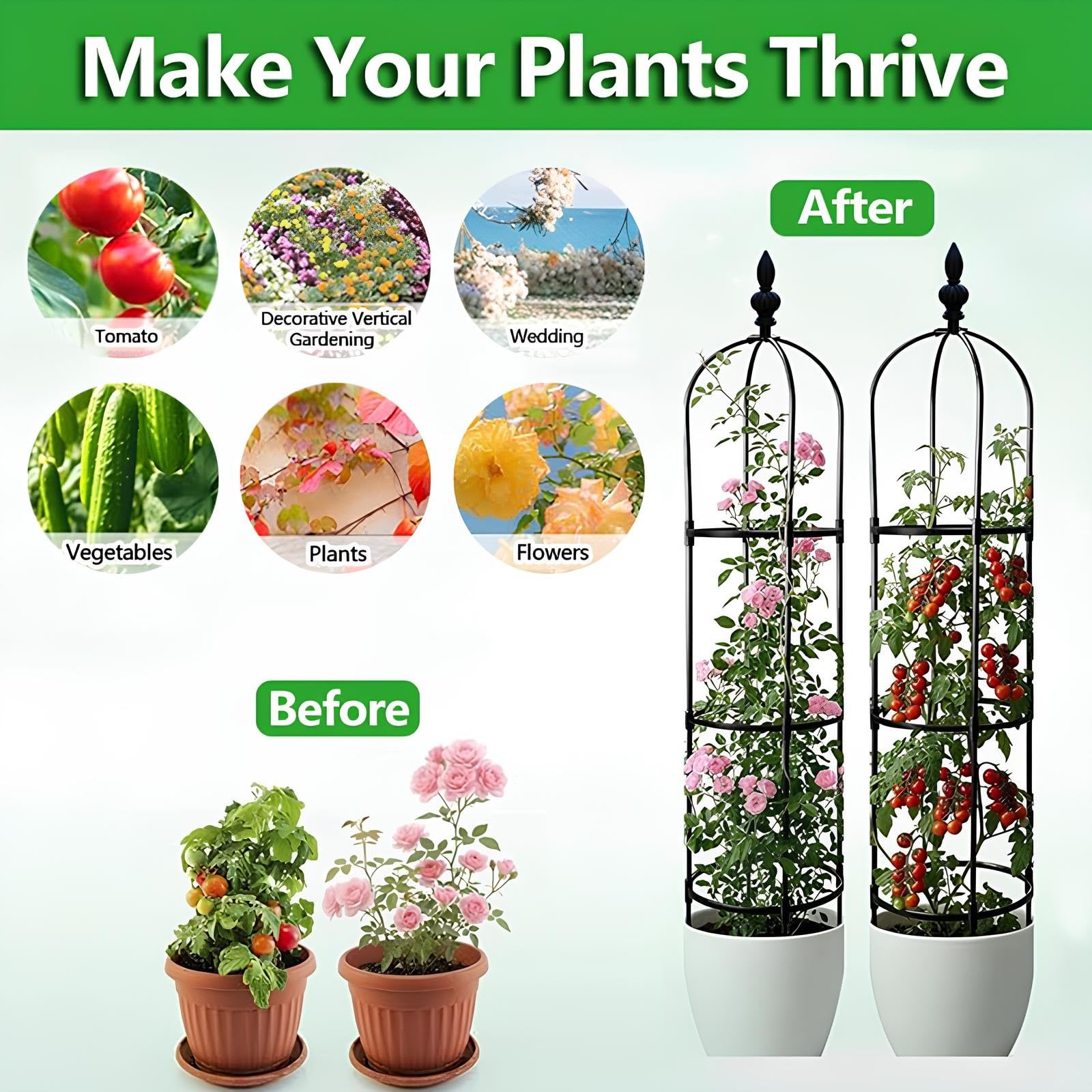 Tuteurs Obélisque pour Plantes Grimpantes Amovible 180cm/210cm Treillis de Jardin Plantes D'Intérieur D'Extérieur Légumes Fruits Support de Résistant aux Intempéries(Black,W32cm x H210cm)