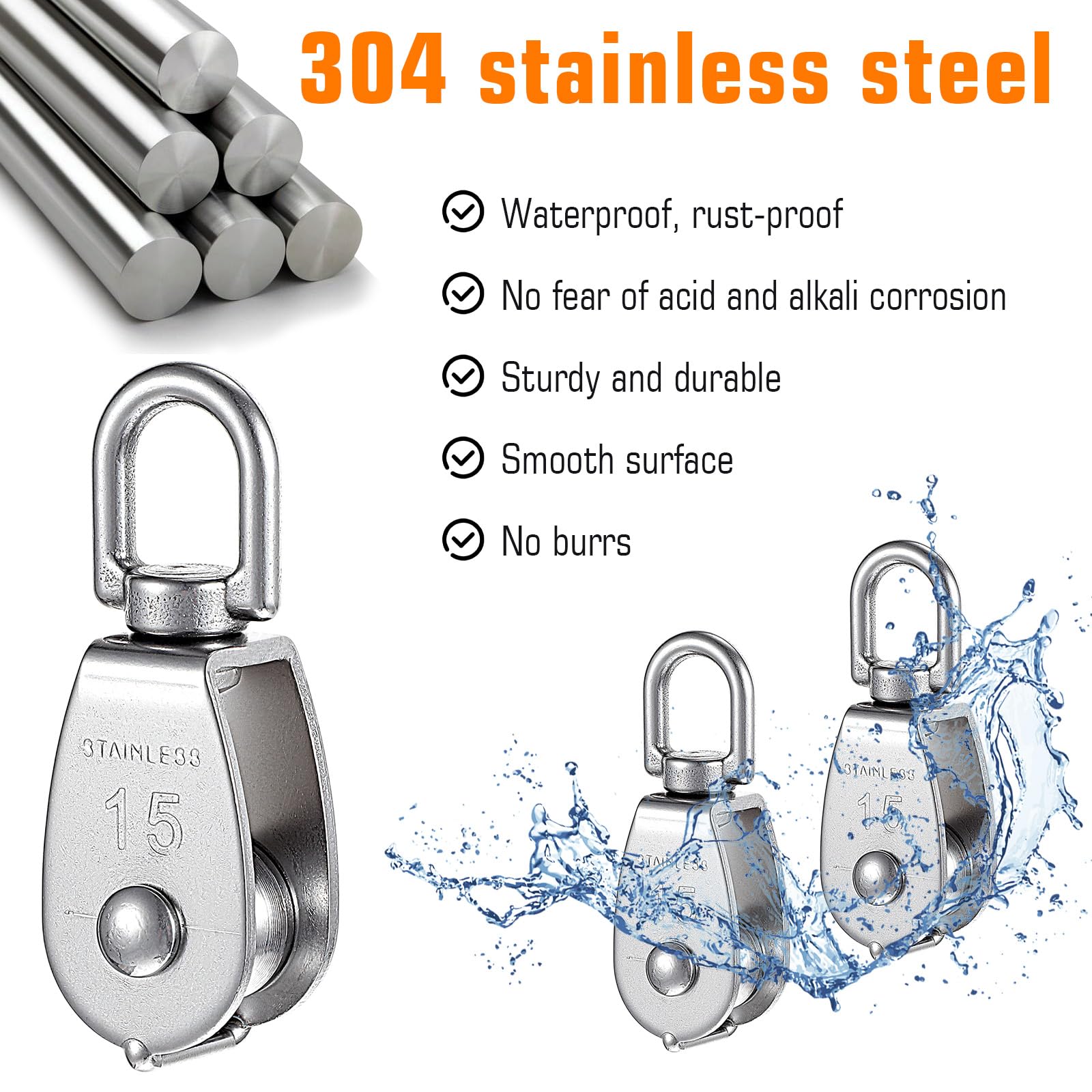 Produktbild von QWORK 12er-Set M15 Umlenkrolle – 304 Edelstahl, Für Seile Bis 6 Mm, Tragkraft 35 Kg, 360° Drehbar, Leise, Für Garagen, Vorhänge & Hundeausläufe