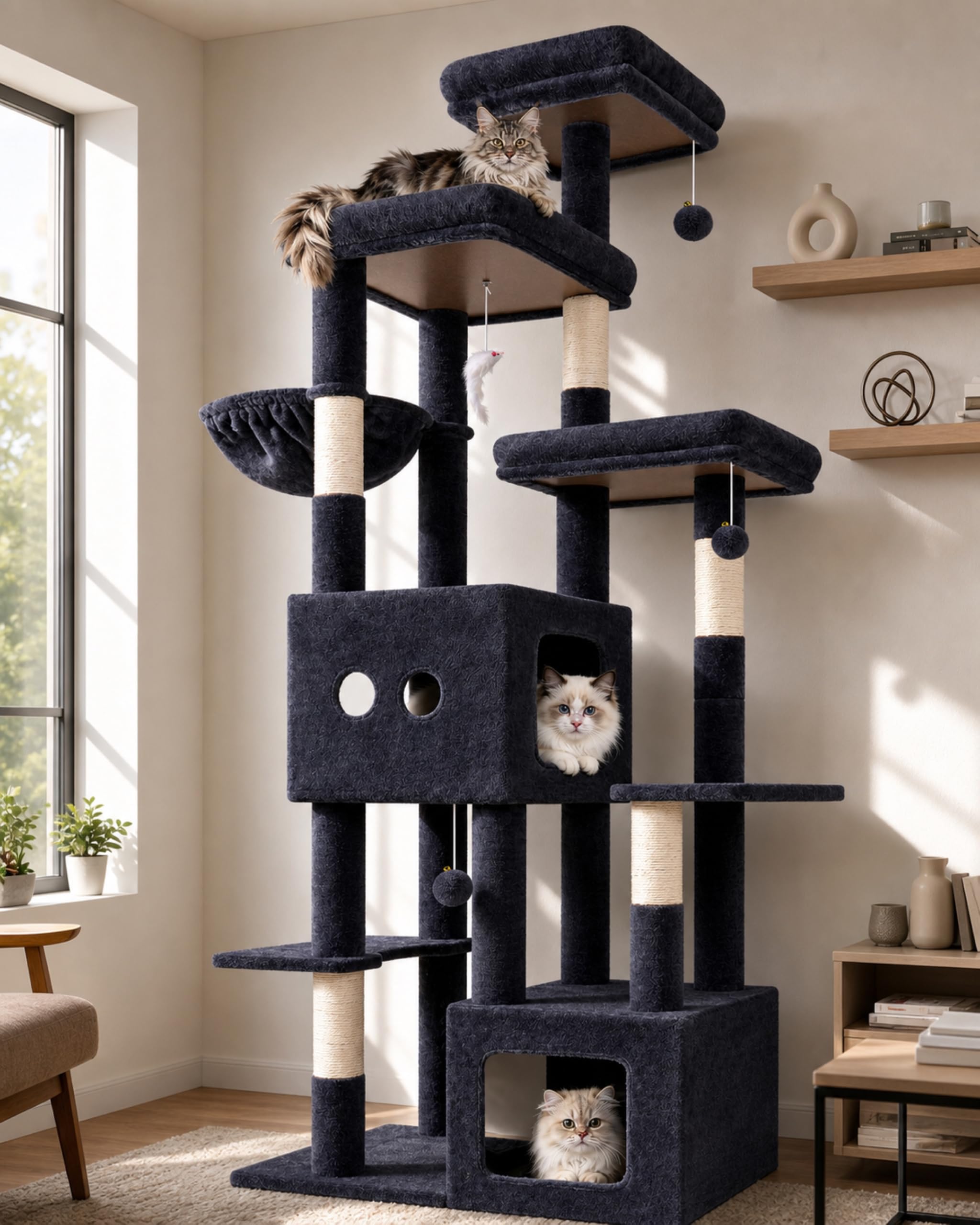 Globlazer Árbol Rascador XXL para Gatos Grandes 203 cm con 2 Nidos Grande 45*40*35cm, 3 Plataforma Amplio, Tablero Sisal, Cesta, Enorme Arbol Rascador para Gatos Adultos Interior (F80E, Gris Oscuro)
