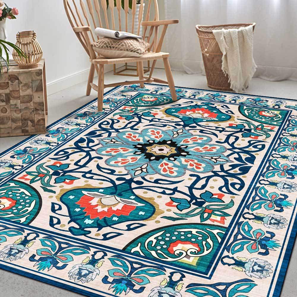 Tapis bleu floral de jardin salon lavable antidérapant rétro
