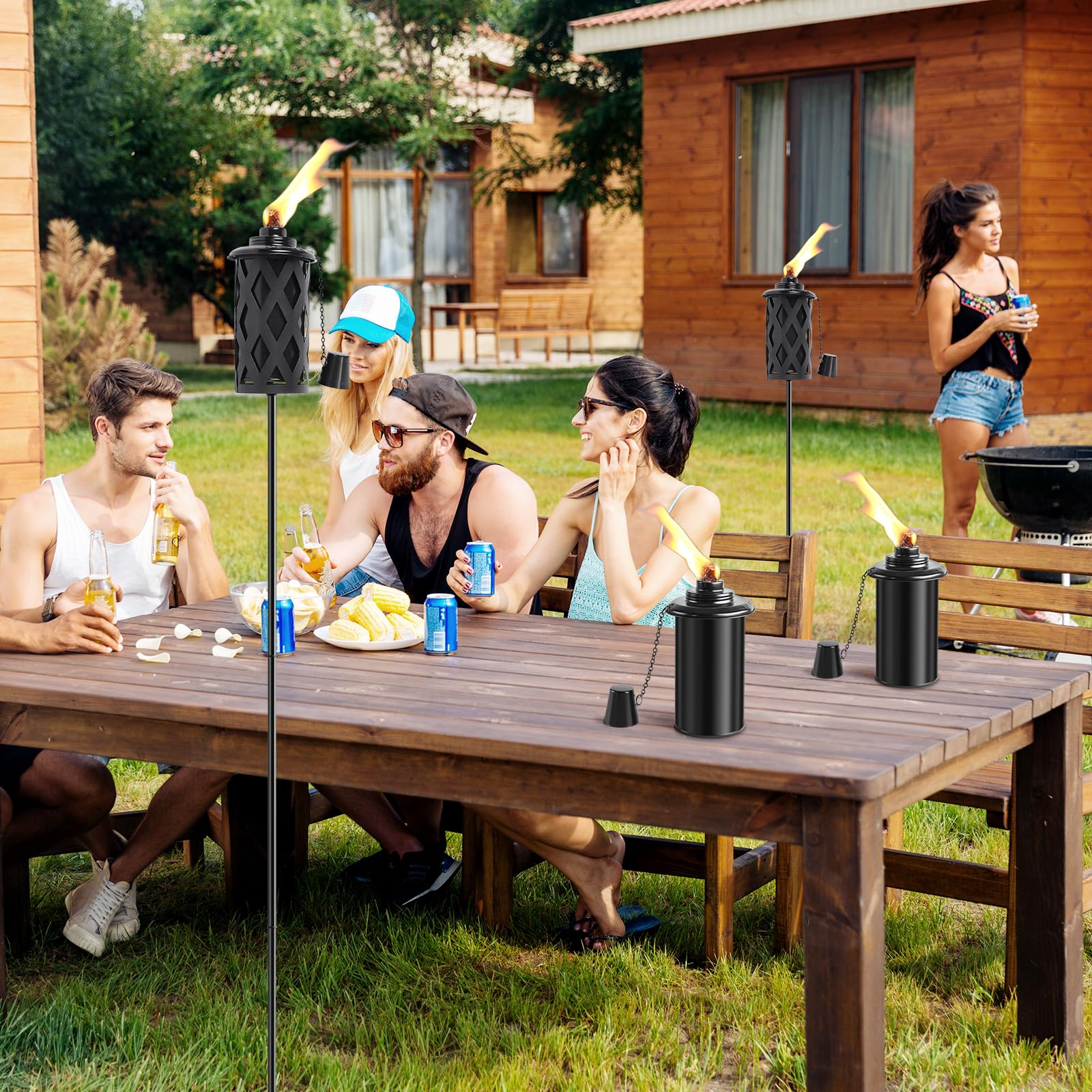 SNOGSWOG Citronella Fackeln für den Außenbereich, 6 Stück, schwarz, 400 ml, Outdoor-Gartenfackeln mit 3 Zinken, Erdspieß, 59 Zoll Metallfackel für Gartendekoration, Außenfackeln für Hinterhof, Garten,