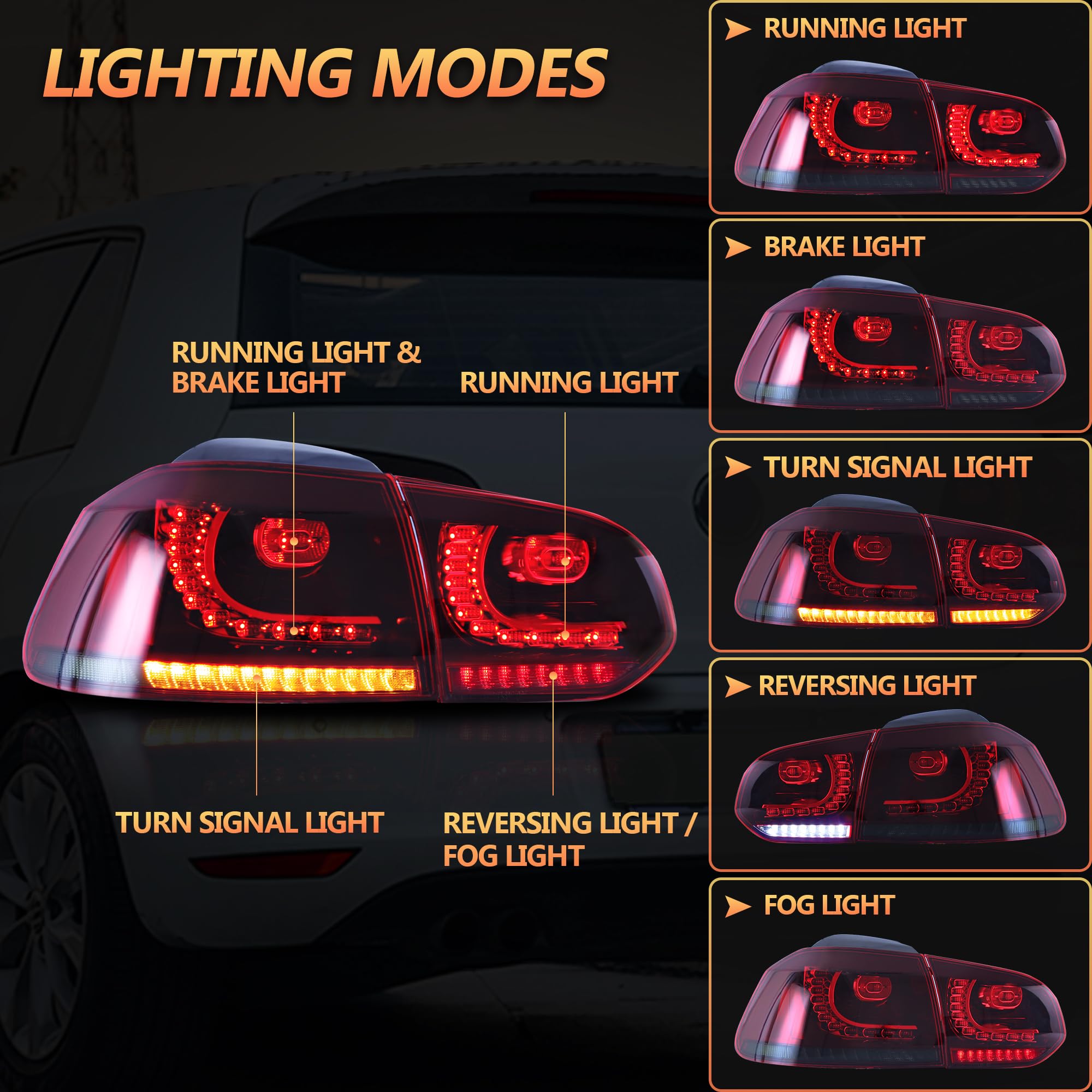VLAND LED Fanali posteriori per Golf 6 GTI TDI TSI R 2008-2013, Con indicatori di direzione dinamici, 1 coppia (Rosso e fumo)