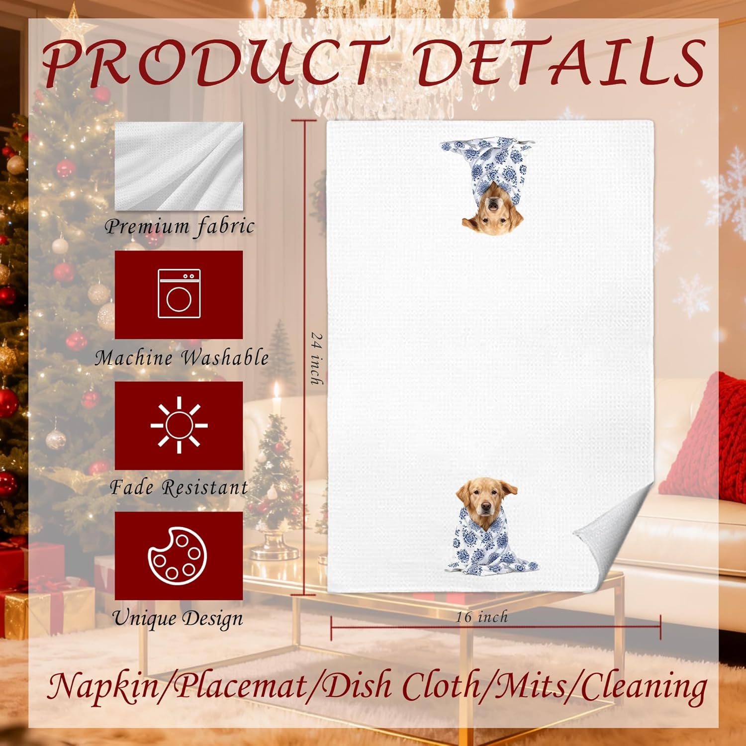 Blue Chinoiserie Golden Retriever Kitchen Towels 16x24 in, Golden Retriever Lover Gifts, Grandmillennial Floral Blanket Dog Decorative Hand Tea Dish Towels for Bathroom Kitchen - Image 7