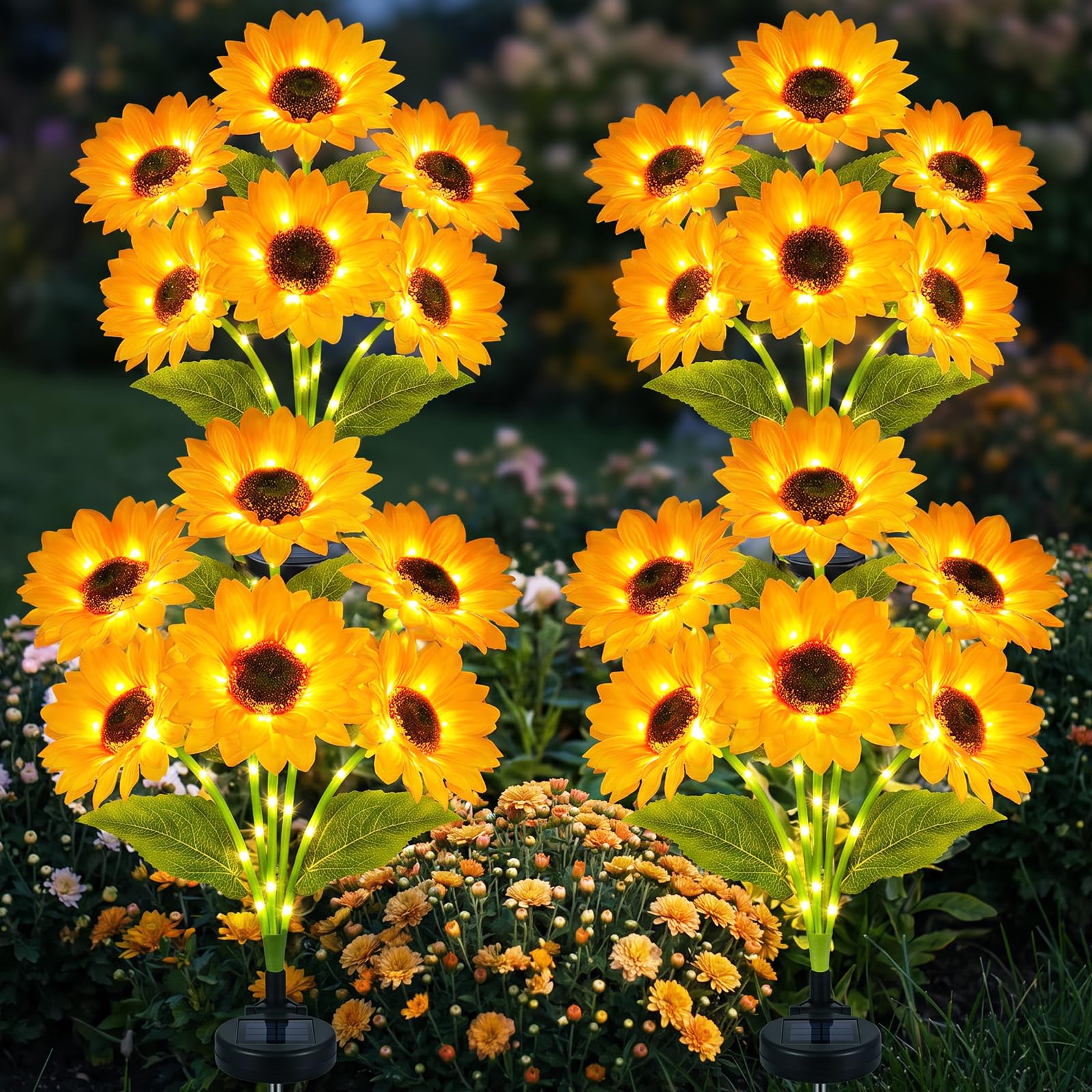 4 Pack Solar Flower Lights Outdoor Garden, 24-Head Sunflower Solar Lights with 2 Modes, IP65 Waterproof Artificial Sunflower Lamp Garden Decorations for Pathway Lawns Patios Walkways Grave Ornament