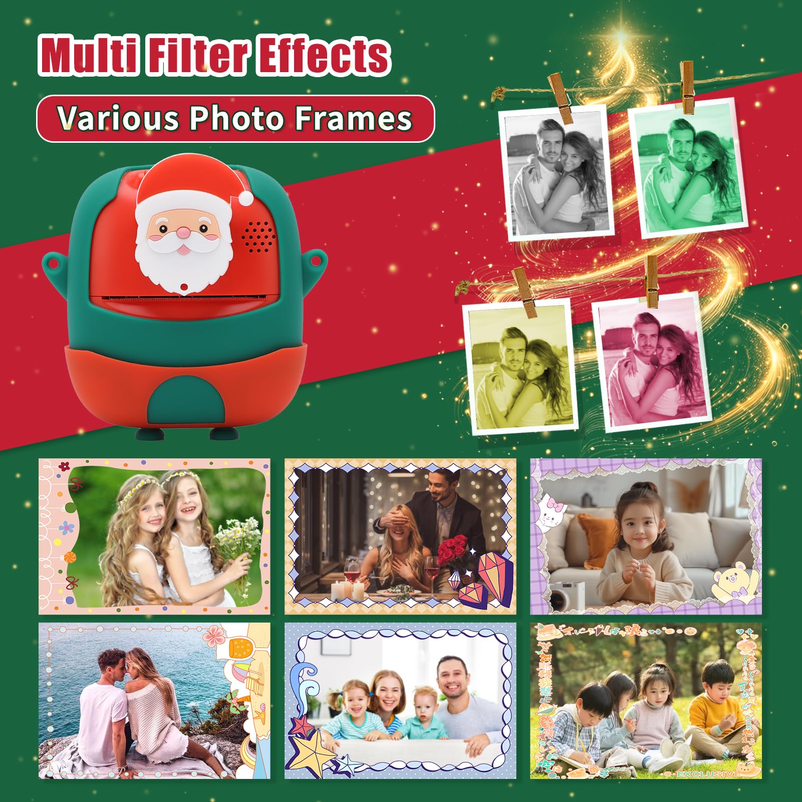 Macchina fotografica di stampa istantanea per i bambini, 24MP & 1080P bambini fotocamera digitale, Natale regalo di compleanno per la ragazza ragazzo età 3-12, stampa foto in bianco e nero (Natale)